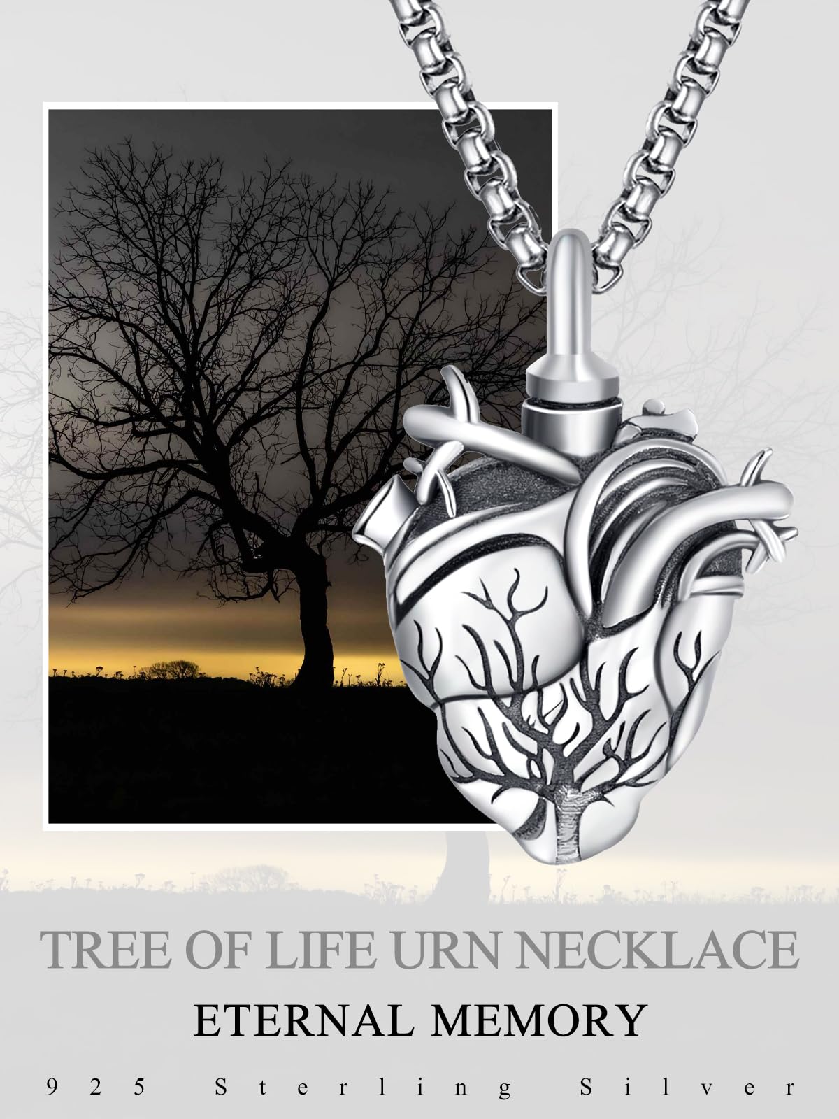 Personalized Tree of Life Urn Necklace for Ashes for Men Sterling Silver Cremation Jewelry for Ashes Engraved Anatomical Heart Urn Keepsake Pendant Memorial Gifts