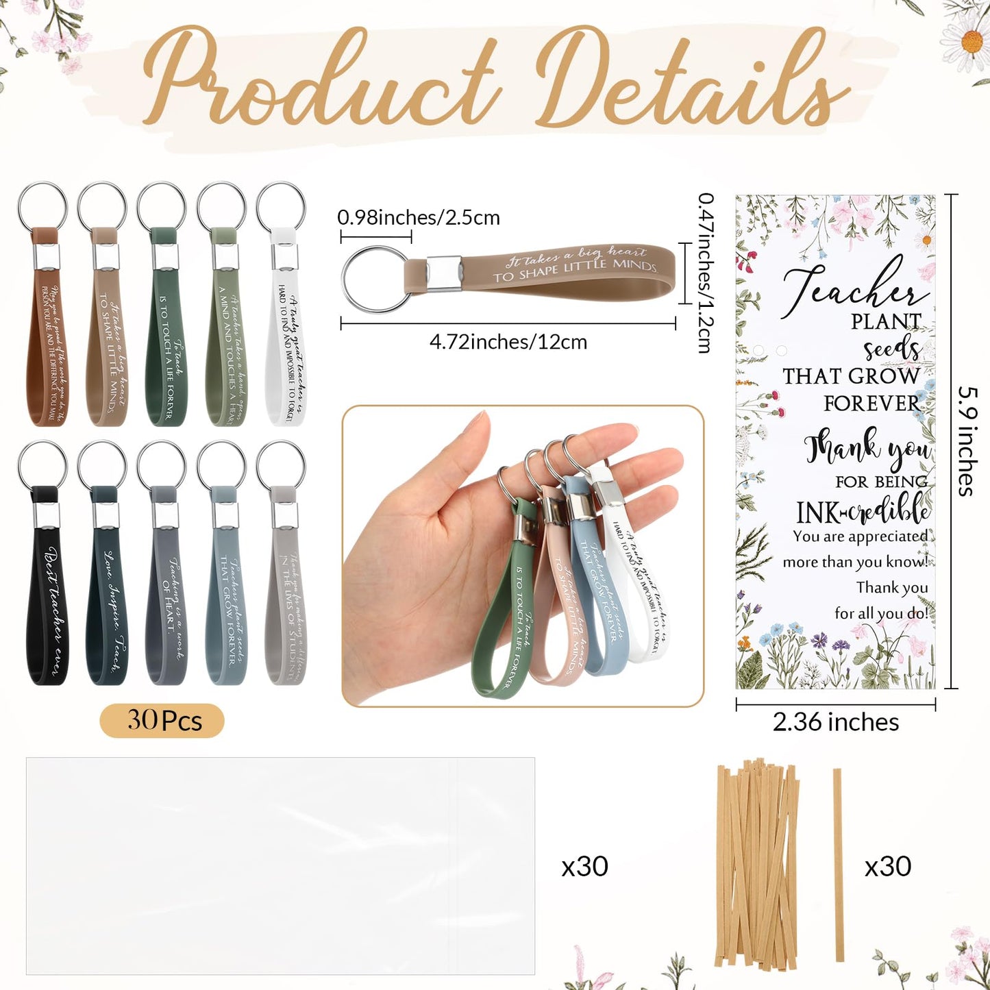 Geyoga 30 Sets Teacher Appreciation Gifts Bulk Inspirational Bamboo Pens Motivational Silicone Keychains with Thank You Cards for Employee Staff Team Teacher Appreciation Week Gifts