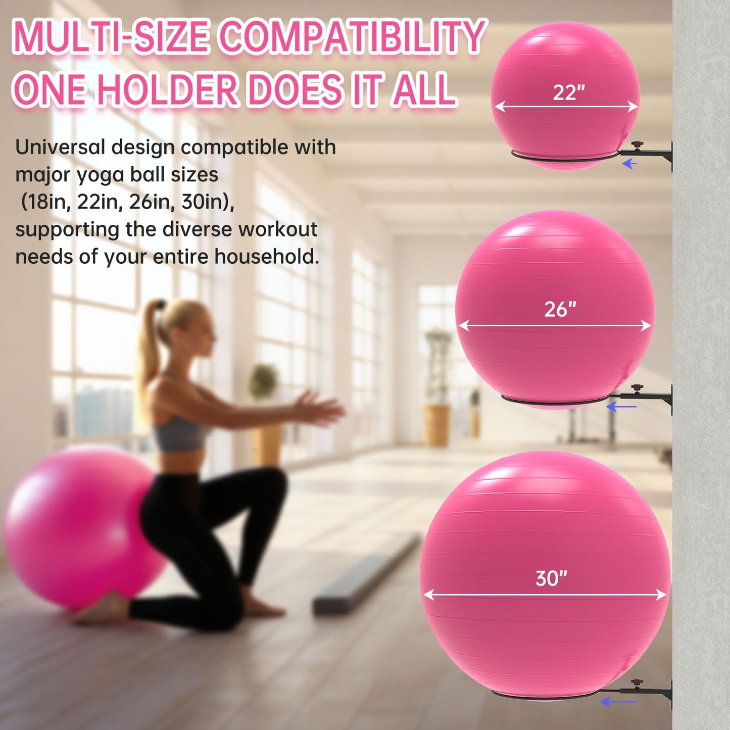 KOMOHOM 26" Exercise Ball Holder Wall Mount - Adjustable Yoga Ball Storage Rack for 14 to 30 Inch Stability Balls, Heavy-Duty Metal Balance Ball Wall Mount with 12-Inch Diameter Ring