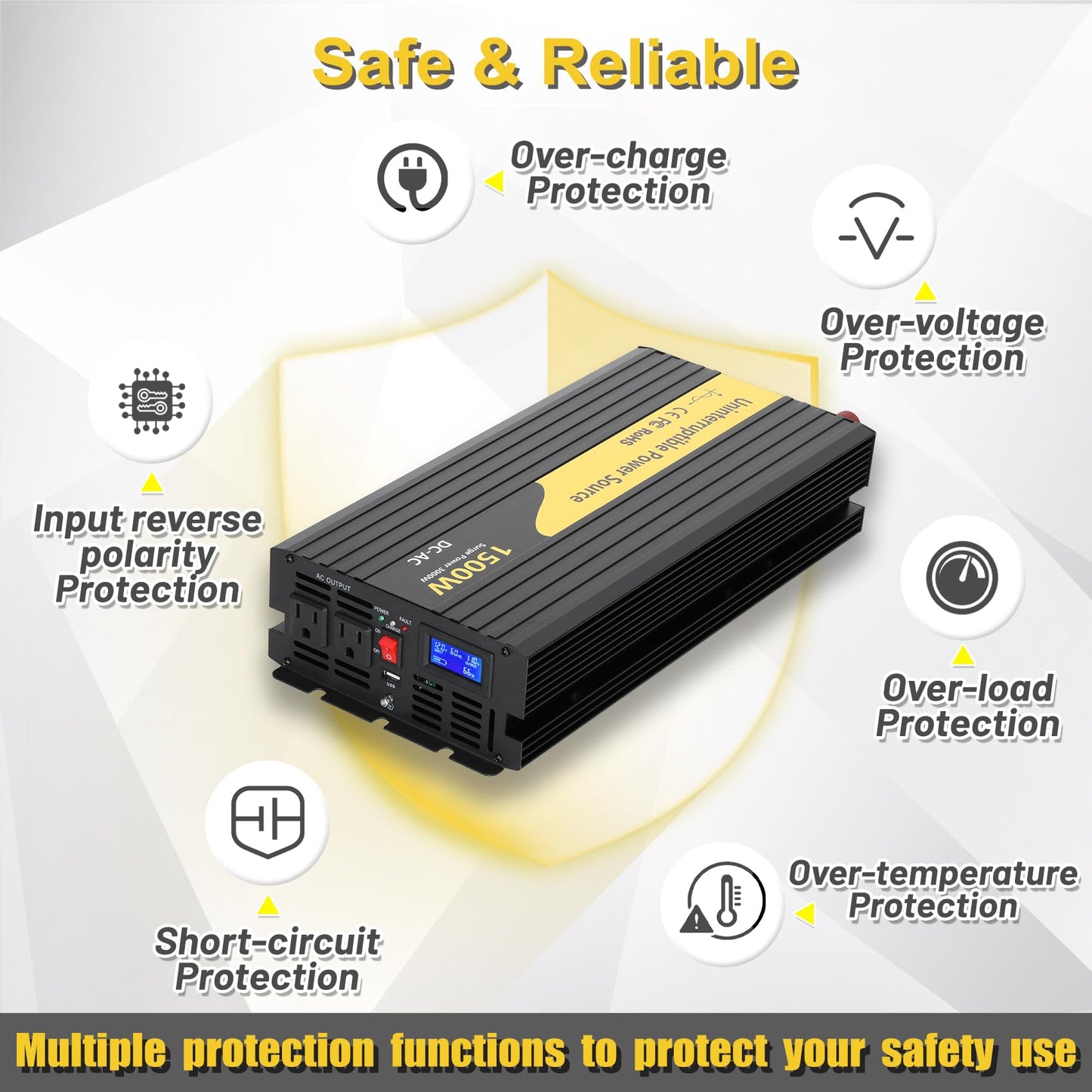 Miumoon 1500W Primary Sump Pump Backup System, Basment Protection Backup Inverter, Black, LCD Display, Auto Switches for Continuous Sump Pump Operation, Basement Emergency and Power Outage Backup