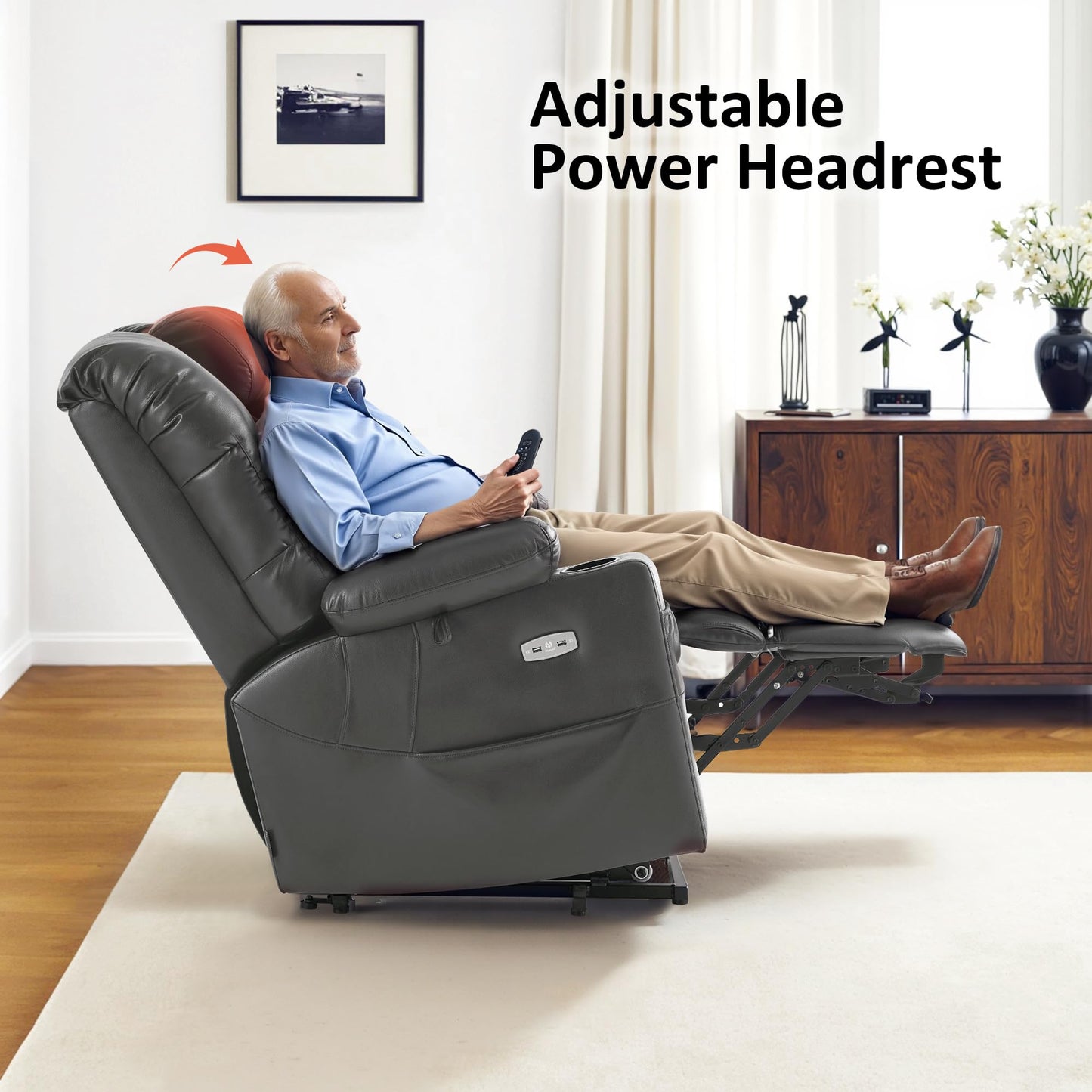 MCombo Large Triple Motor Power Lift Recliner Chair with Massage and Dual Heating, Adjustable Headrest for Tall Elderly People, Faux Leather 7634 (Dark Grey, Large)