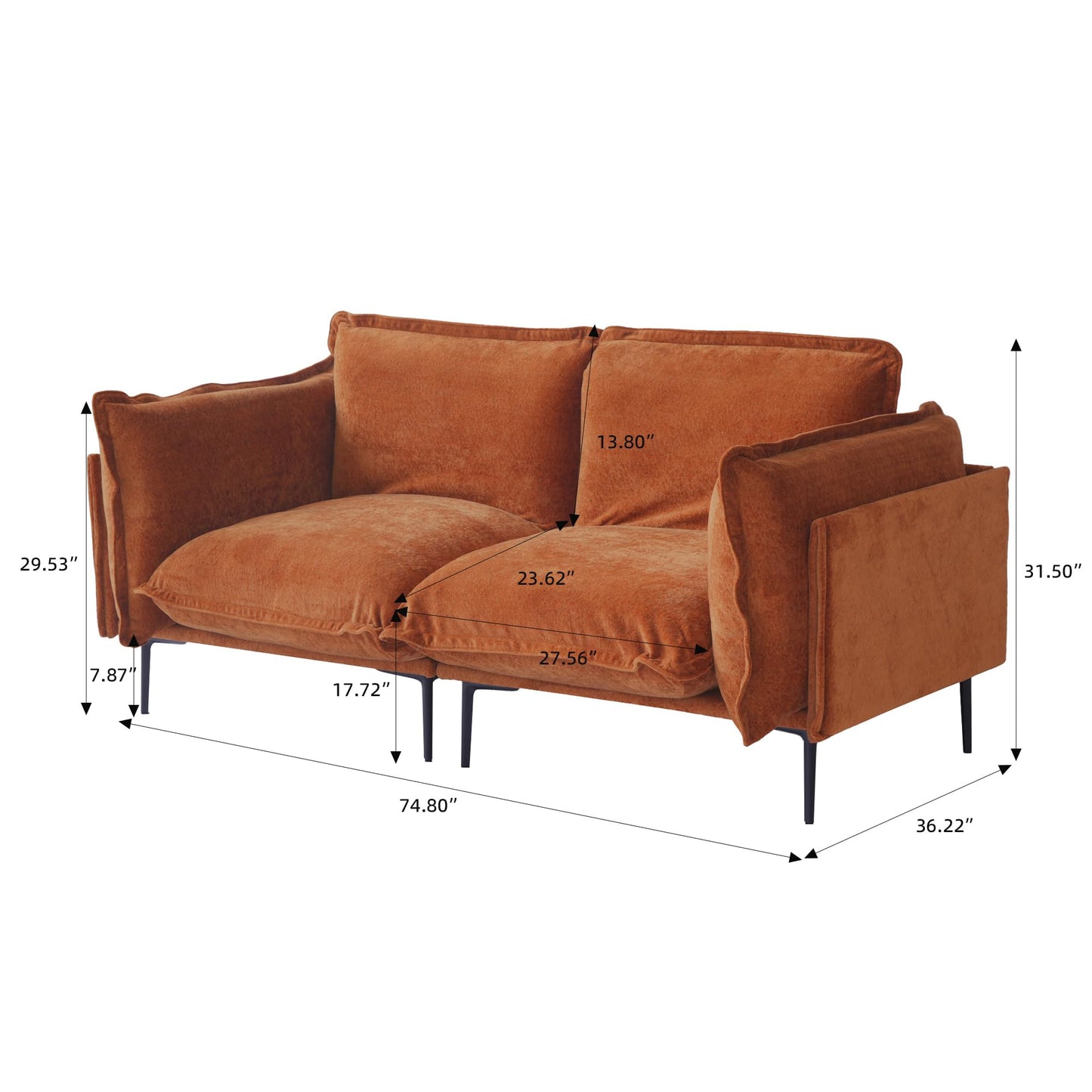 WJShome Velvet Modular Sectional Couch, 74" Loveseat Cloud Couch with Deep Seat Sofa, 2-Seater Sofa with Removable Cushions for Livingroom with 8" High Legs for Small Spaces,Terracotta