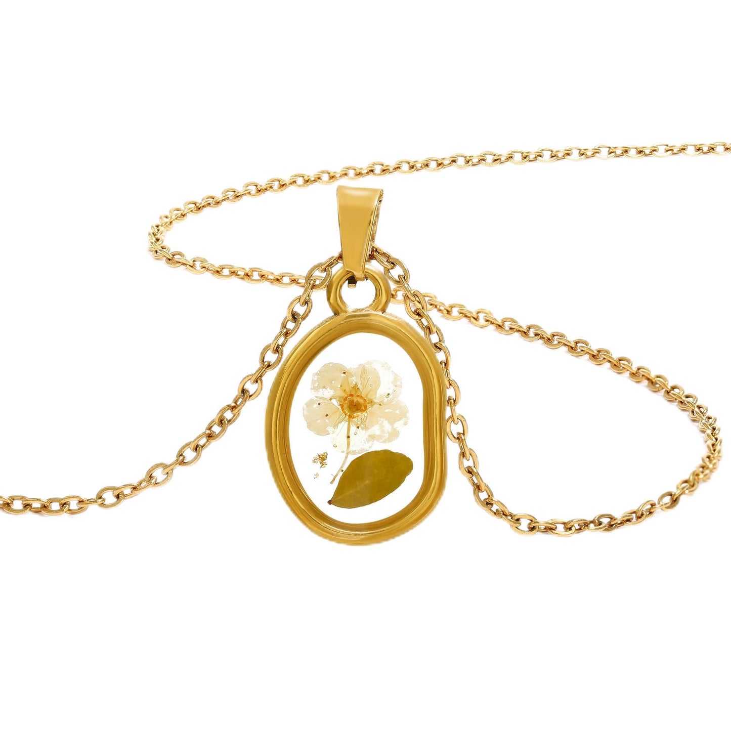LETFLY Birth Flower Necklaces for Women, 18K Gold Plated Oval Shaped Handmade Floral Pendant, Pressed Flower Necklace Jewelry Gifts Light
