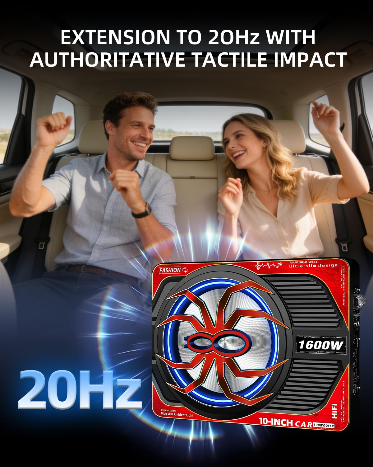 TZGBASS 1600W Slim Underseat Car Subwoofer and Amp Package, Powered Subwoofer with Built-in Class D Amplifier, Subsonic Deep Bass, LED Ambient Light Switch,Under Seat Subwoofer for Truck SUV Car Audio