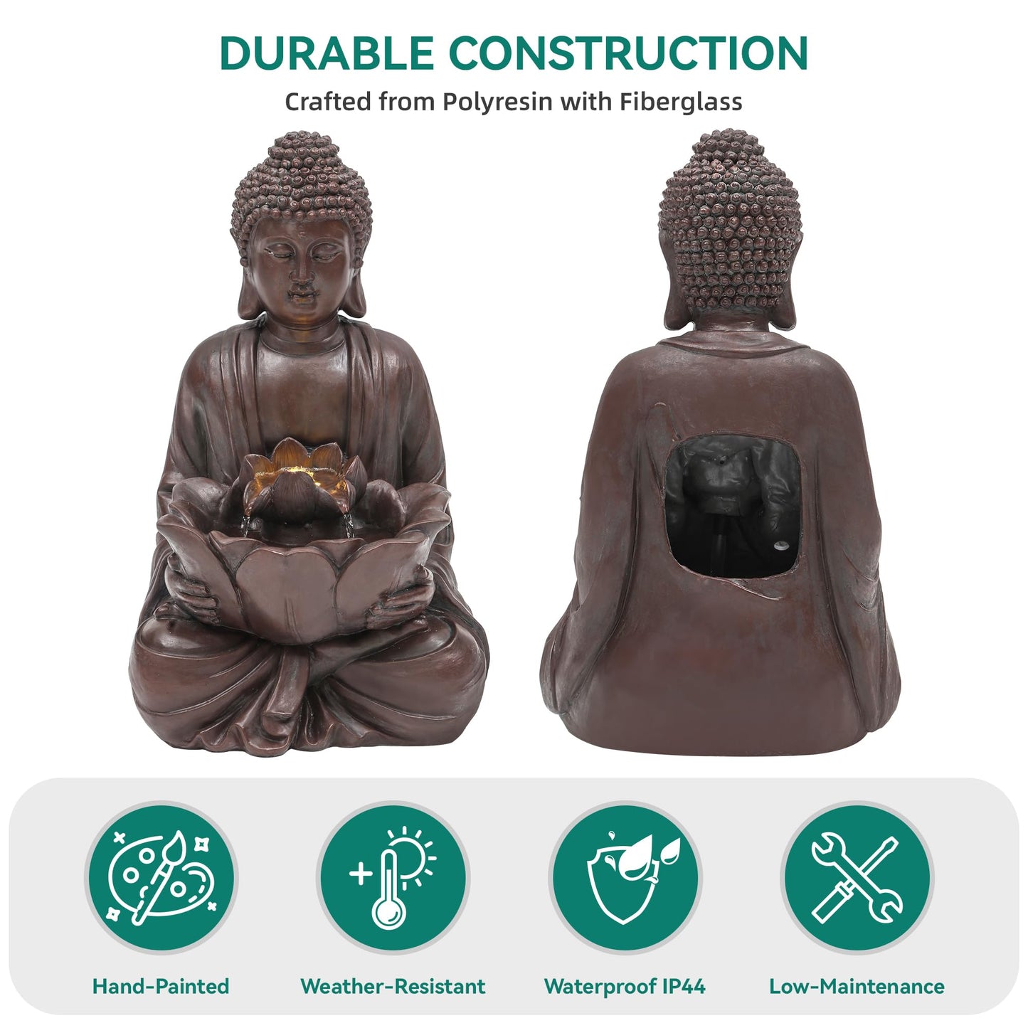 Ultym Zen Buddha Water Fountain Outdoor, 19" H Handcrafted Buddha Statue Water Feature with Soothing Waterfalls & Lights, Peaceful Oasis for Garden Patio Yard Deck Living Room Floor Tabletop Decor