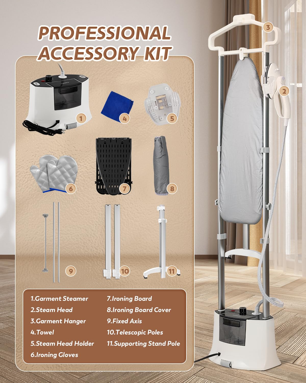 Hapyvergo Standing Garment Steamer with Rotating Nozzle, 1500W Upgraded Steamer for Clothes Heats in 25s for 60min Steam, 1.6L Tank, Self-Cleaning, Dual-Protection Tech, Ironing Board, Hanger, Gloves