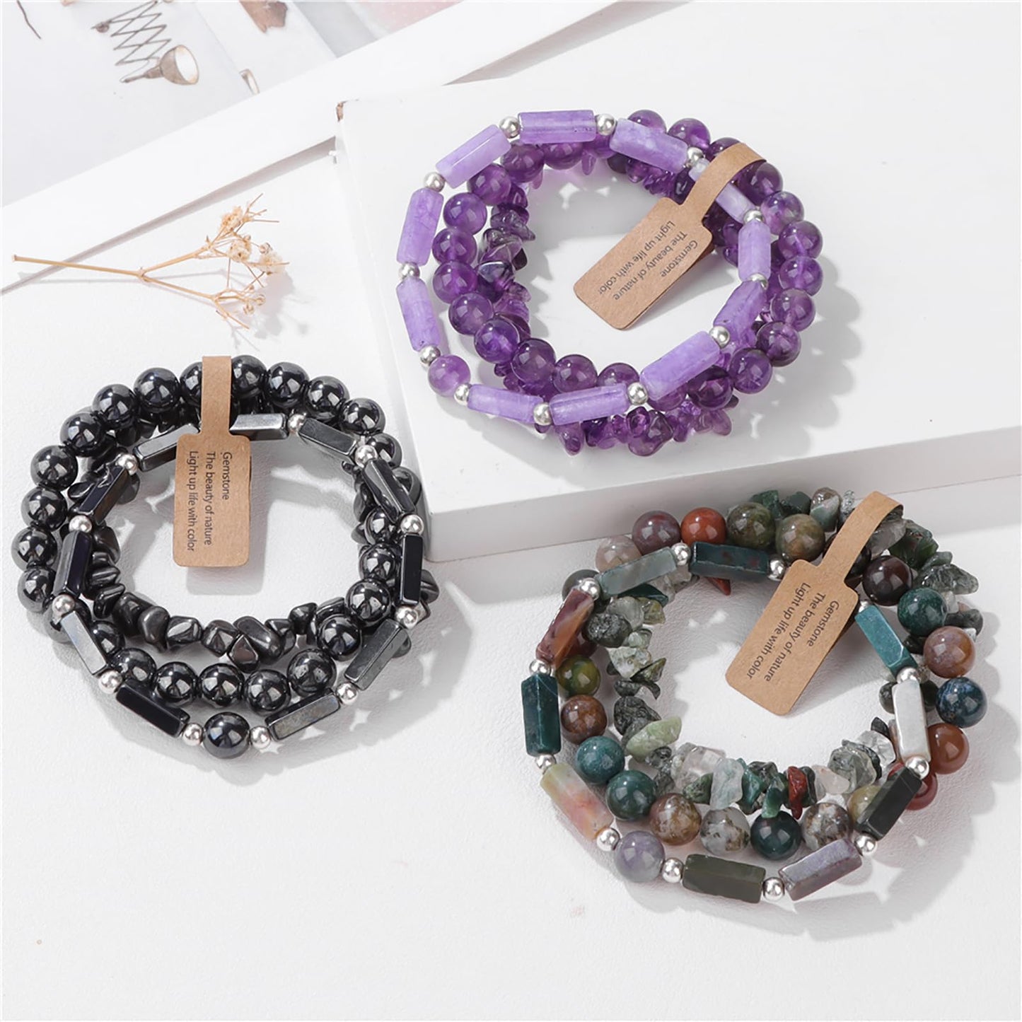 3PCs Amethyst Bracelet for Women 8mm Crystal Beaded Bracelet Purple Bead Bracelet Stretch Bracelet Amethyst Jewelry Gifts for Women