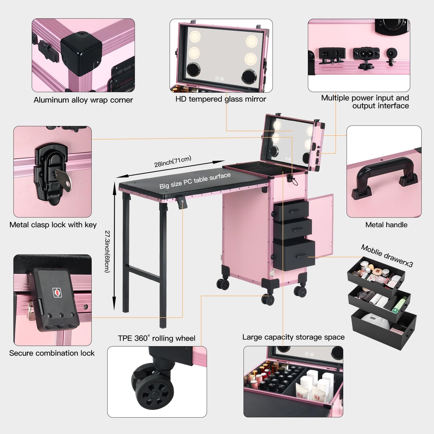 Rolling Portable Manicure Table with 3 Drawers, Lockable Makeup Train Case with Mirror, Foldable Nail Desk with Wheels & Handle, Mesa de Uñas Profesional para Nail Techs & Salon Use, Pink