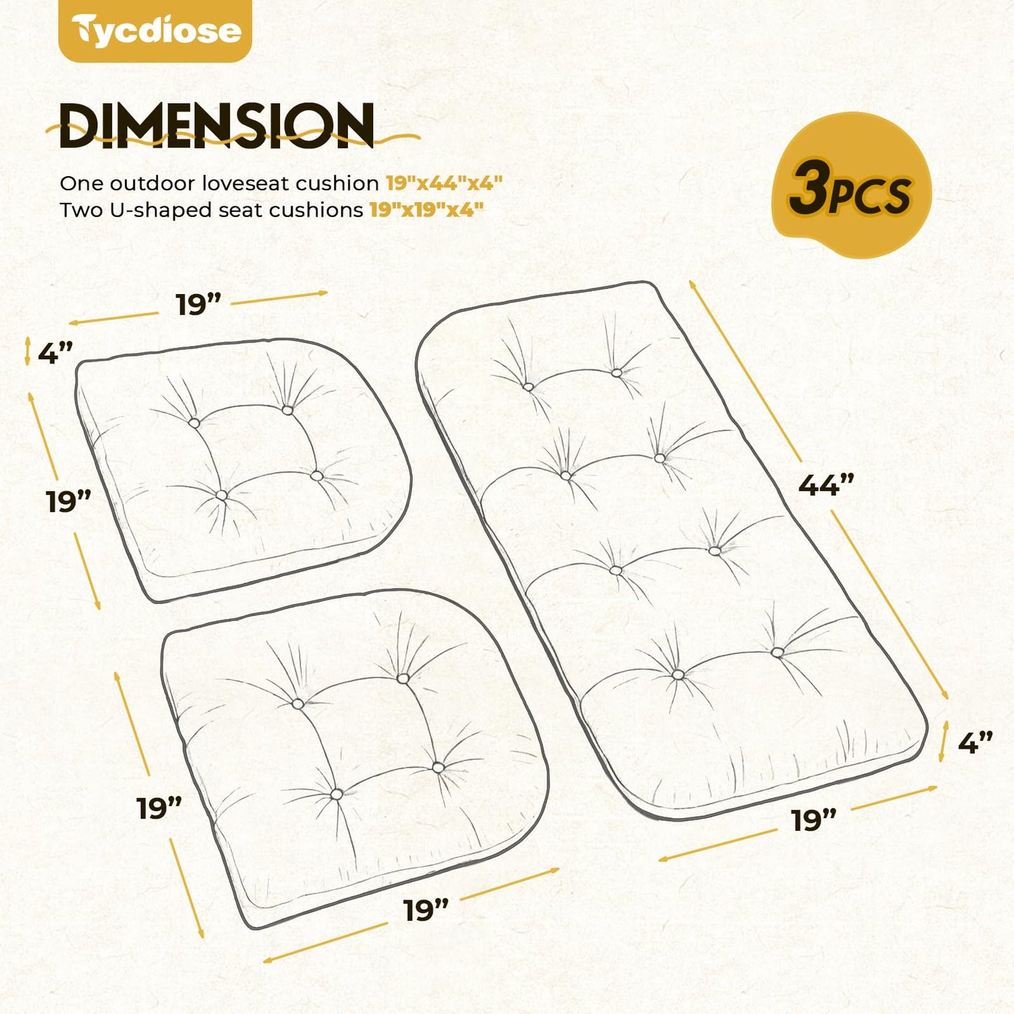 Tycdiose All Weather Wicker Chair Cushions of 3 Pieces, Waterproof Outdoor Wicker Chair Cushion for Patio Furniture Loveseat Settee Bench, 1 Loveseat and 2 U-Shaped Thickened Cushions, Black