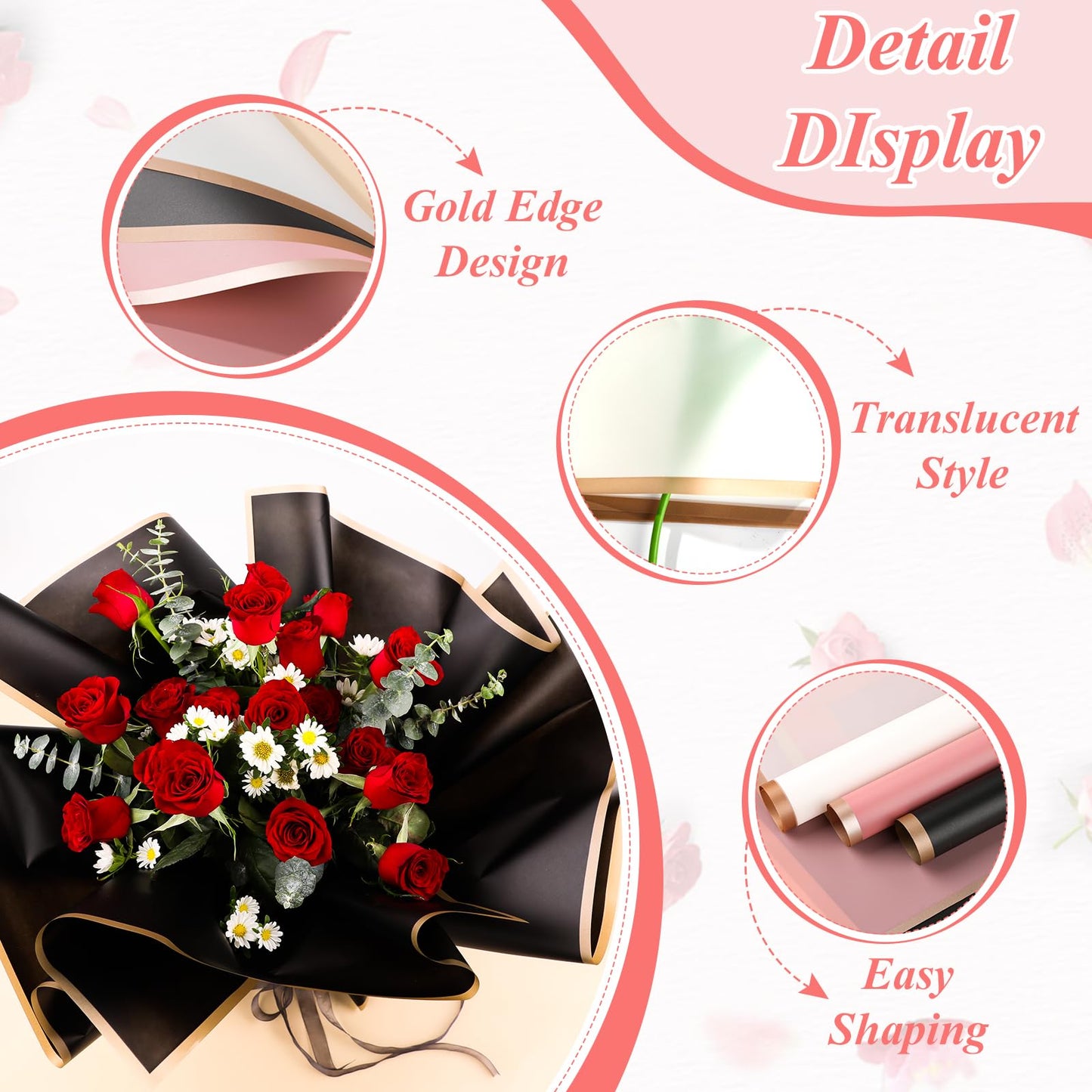 RowinsyDD 40 Sheets Black Flower Wrapping Paper, Waterproof Packaging Paper for Floral Bouquets, 22.8 x 22.8 inch Gift Packing Florist Supplies