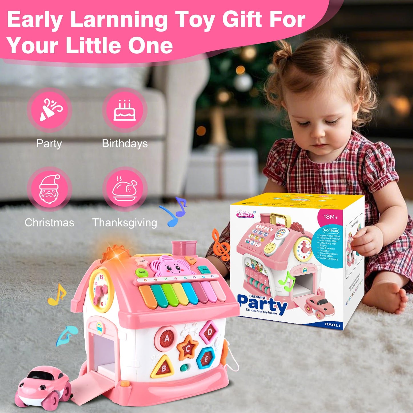 DELUTIQUE Toddler Girl Toys for 1 Year Old, Montessori Toys for 1 Year Old Girl Birthday Gift, 8 in 1 Pink Baby Musical Learning House with Sound Light Music, Creative Gifts for Baby 12 18 Months