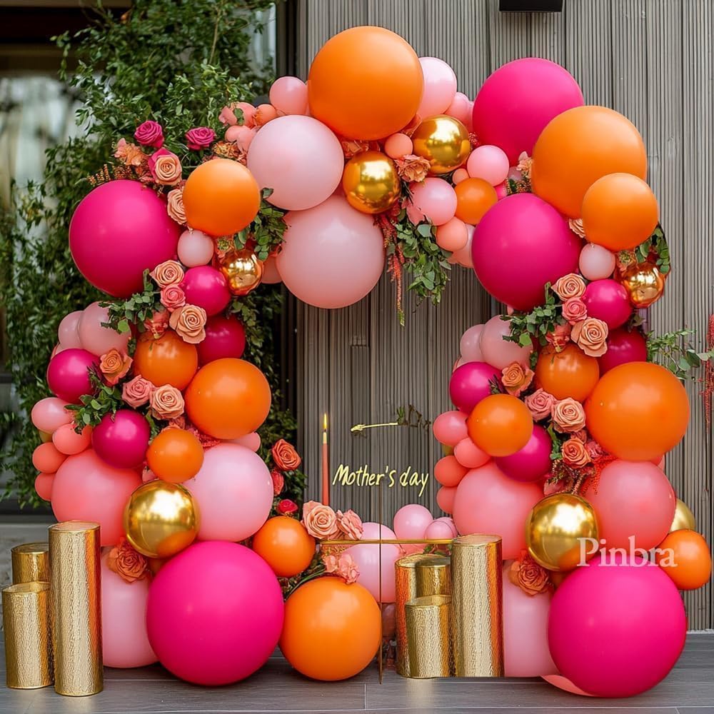 Pink Orange Balloon Garland Double Stuffed Hot Pink Orange Gold Metallic Pastel Balloon Arch Kit for Birthday Baby Bridal Shower Wedding Summer Tropical Graduation Party Decorations