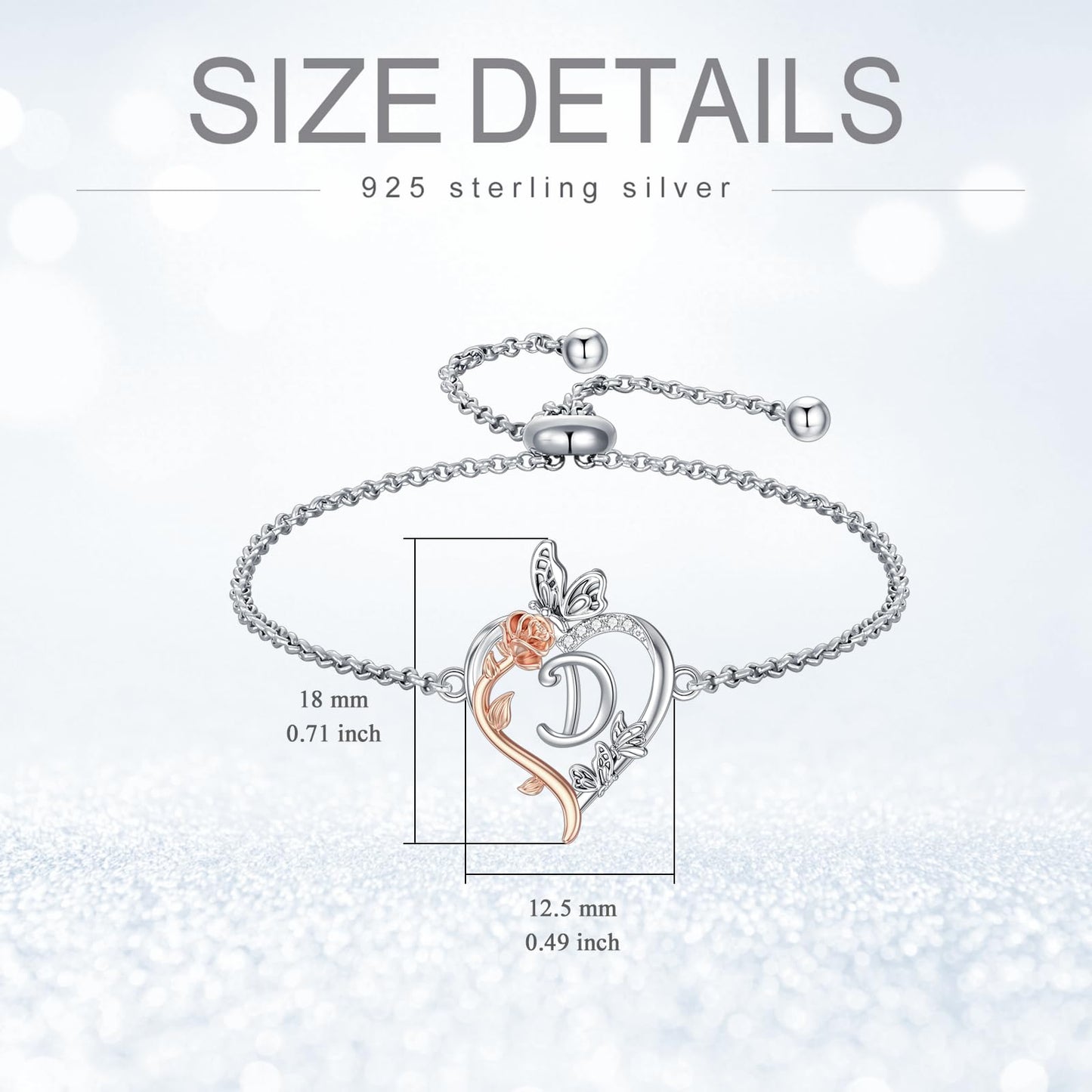 TOUPOP Rose Heart Bracelet for Women Sterling Silver Heart Initial D Letter Bracelet Butterfly Love Jewelry Anniversary Birthday Mothers Day Gifts for Mom Wife Her Girlfriend