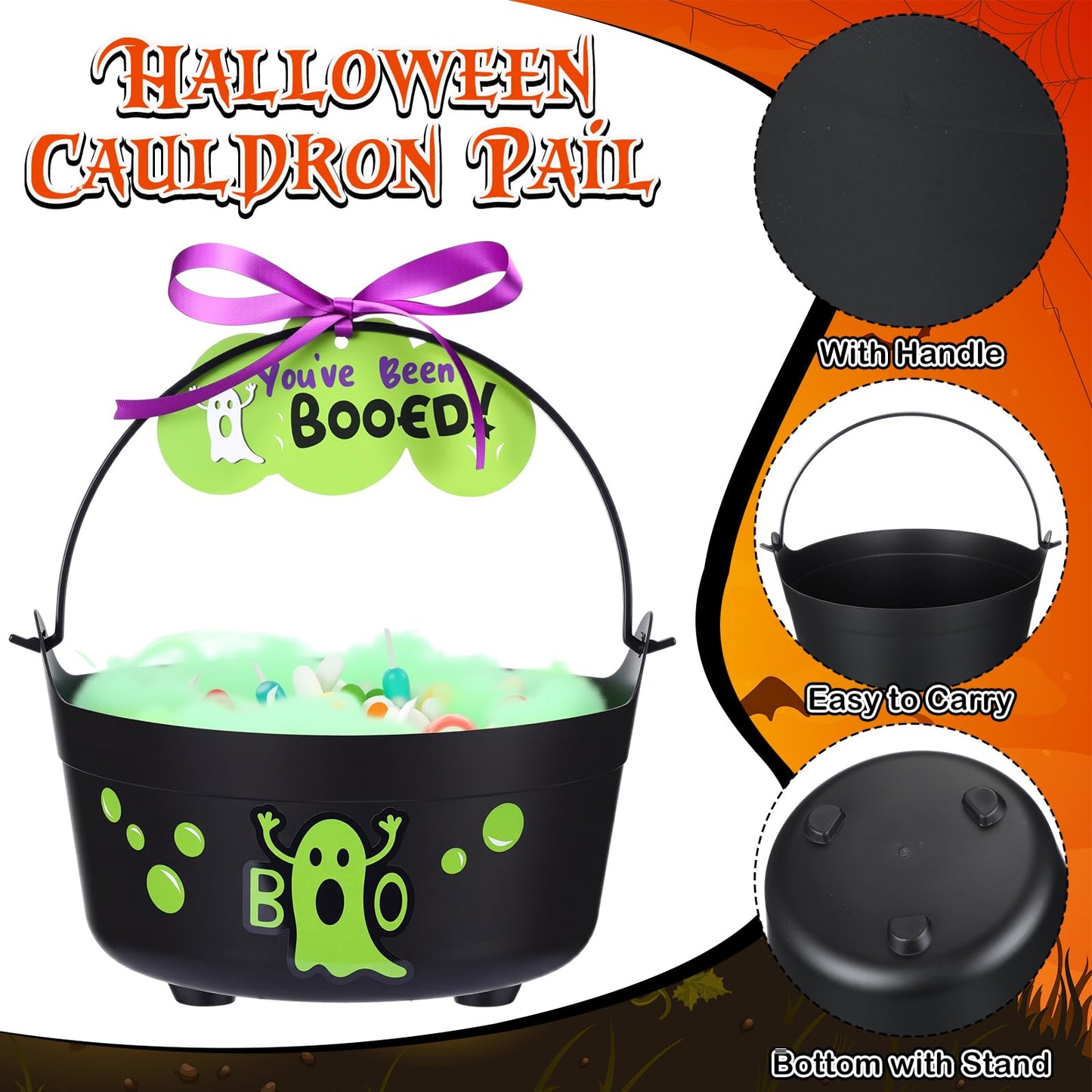 Soulchen 4 Pcs Halloween Boo Bucket Decoration Trick or Treat Gift Basket with 4 Spooky Boo Candy Bucket with Green Spider Silk Cotton Ghost Boos Sticker Card Ribbon for Halloween Party Decoration