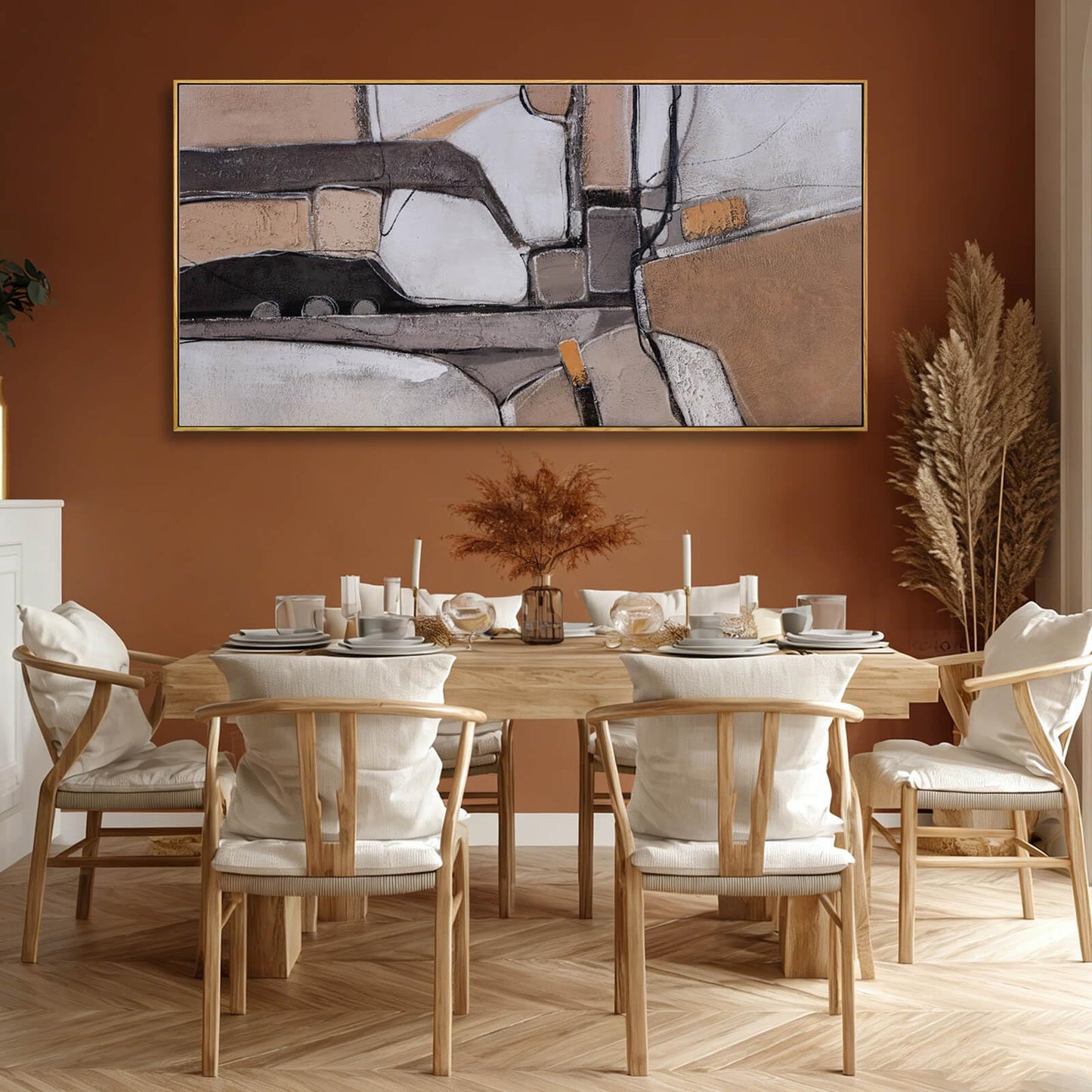 Brown Modern Neutral Abstract Canvas Wall Art 29x58 Inch, Large Framed Artwork with Wooden Frame, Contemporary Beige and Taupe Wall Decor for Living Room, Office, or Hallway
