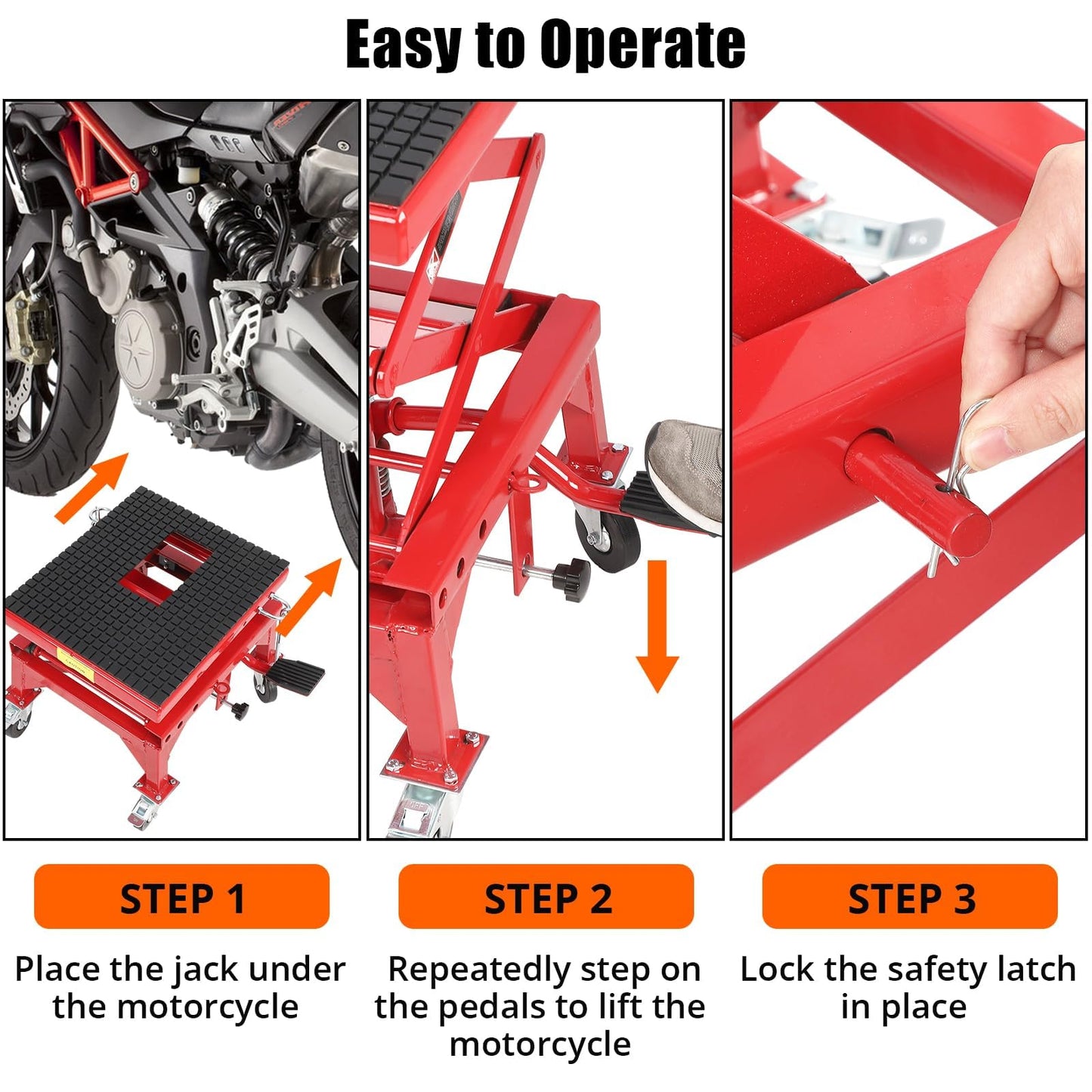 Hydraulic Motorcycle Lift Jack Table, 350 lbs Capacity Heavy Duty Motorcycle Scissor Jack Lift with Wide Deck, J-Hooks, 4 Wheels, Hydraulic Foot Operated Jack Stand for ATV Dirt Bikes