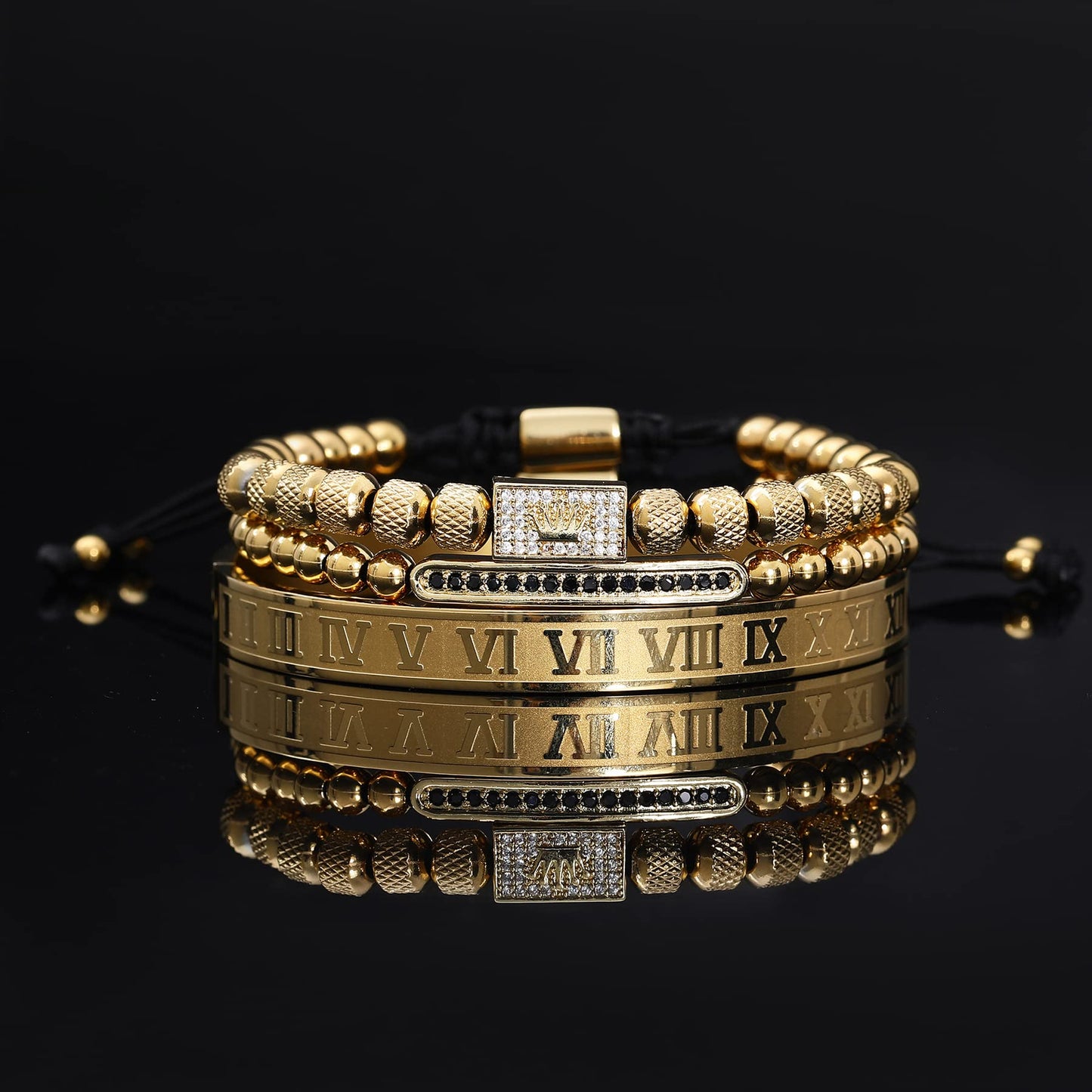 WFYOU 3PCS Stainless Steel Bracelets for Men Gold Roman Numeral Bangle Bracelet Twisted Cable Bracelet Adjustable Cuff Bracelet Mens Luxury Jewelry Bracelets Gifts(H:Gold)