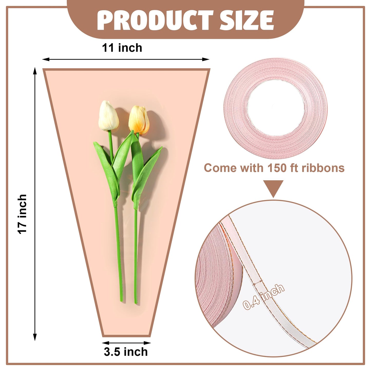 50PCS Flower Wrapping Bags for Bouquets 17 x 11in Pink Floral Bouquet Packing Sleeves with Ribbon Plastic Flower Bouquet Sleeves for Mother's Day Valentine Wedding Birthday Graduation Florist Supplies