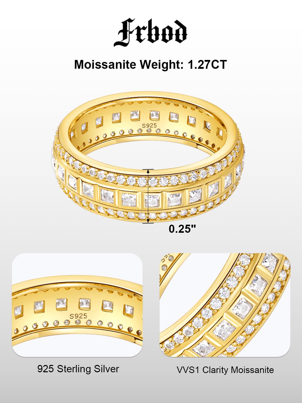Frbod Moissanite Engagement Ring for Women Eternity Diamond Row Band Yellow Gold Plated Bezel Rings Size 11