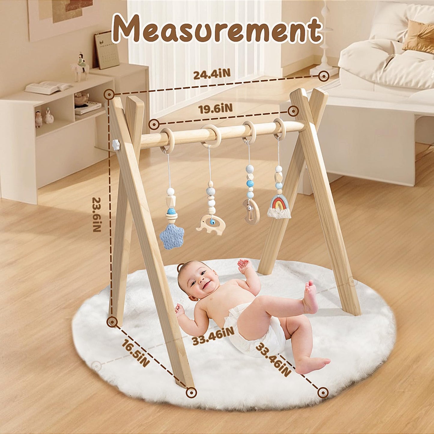 Wooden Baby Play Gym with Activity Mat, Foldable Baby Gym Frame with Hanging Sensory Toys for Newborn, Tummy Time Playground