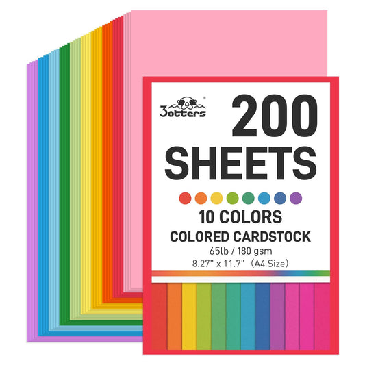 3 otters 200Sheets Construction Paper, Cardstock 8.27" x 11.7", 10 Assorted Colors Card Stock Printer Paper 65lb/180GSM, for Printing, DIY Crafts, Classroom Must Haves, Kids School Supplies, Party Dec