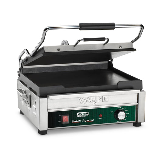 Waring Commercial WFG250 Tostato Supremo® Large Flat Toasting Grill, 120V, 1800W, 5-15 Phase Plug, Silver