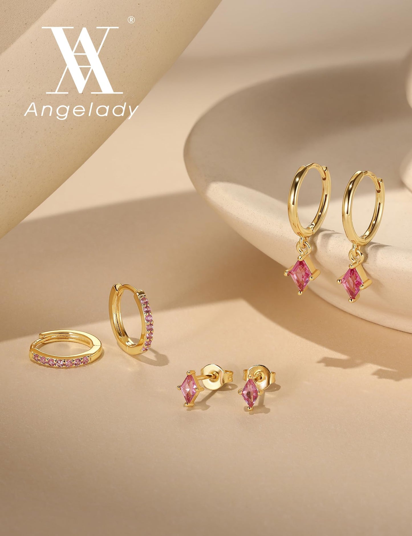 Gold Hoop Earrings Set for Women, Dainty 14K Gold Plated Pink Earrings, Hypoallergenic Trendy Small Earring Stacks Multiple Piercing, Huggies Magenta Dangle Earring Jewelry for Women
