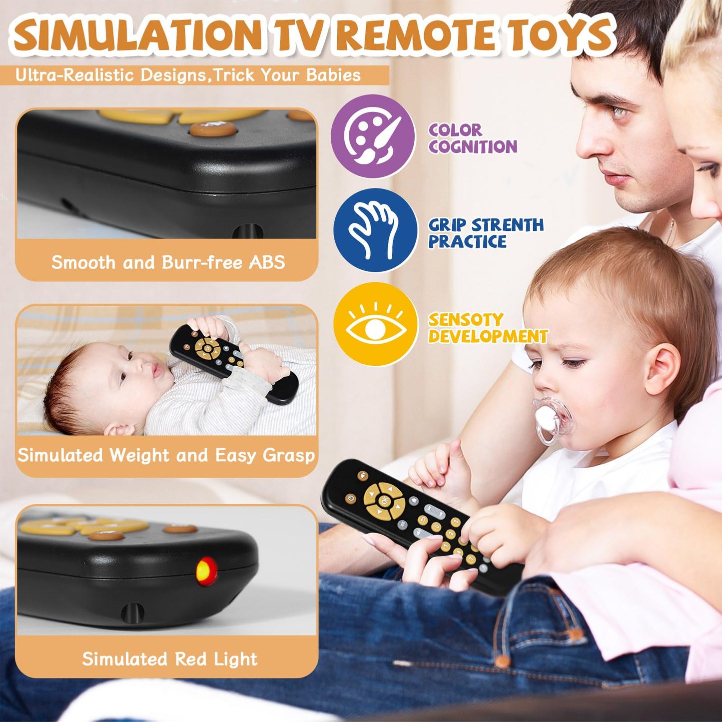 Orzbow Baby Remote Control Toy for 6 Months+ with Music, TV Remote Toy with Realistic Light and Sound - English, French and Spanish for Infant Play - BPA Free, Black