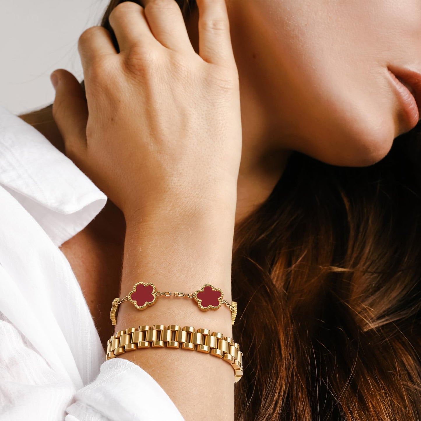 Stackable Gold Floral Bracelets Set - 3pcs 18K Gold Plated Bracelet Non-tarnish,Stainless Steel Link Chain Friendship Bracelet,Watch Band Trendy Jewelry,Christmas Valentines Birthday Gifts for Women