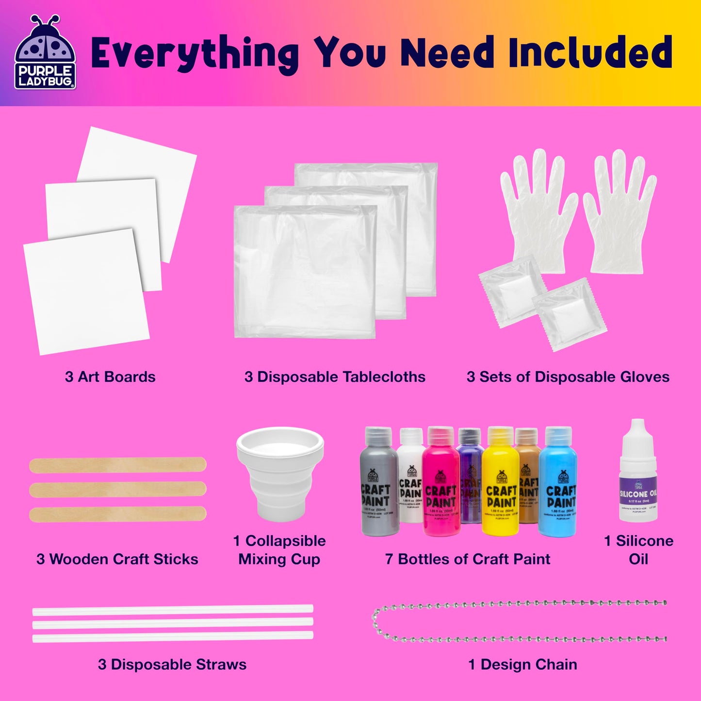 PURPLE LADYBUG Low-Mess Paint Pouring Art with Gloves & Table Cover - Washable & Non-Toxic Kids Painting Kit, Art and Crafts for Kids Ages 8-12, Birthday Gifts for 6+ Years Old, Crafts for Girls 8-12