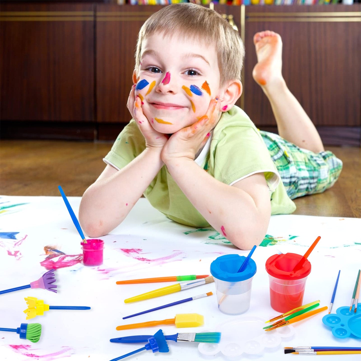BigOtters Painting Brushes, 45PCS Kids All Purpose Paint Supplies Include Paint Cups with Lids Palette Tray Multi Sizes Brush for Children Gifts School Prizes Art Party