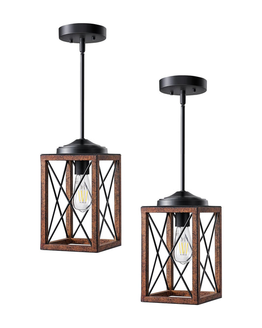 DEWENWILS 2 Pack Farmhouse Pendant Light, Metal Hanging Light Fixture with Wooden Grain Finish, 48 Inch Adjustable Pipes for Flat and Slop Ceiling, Kitchen Island, Bedroom, Dining Hall, ETL Listed