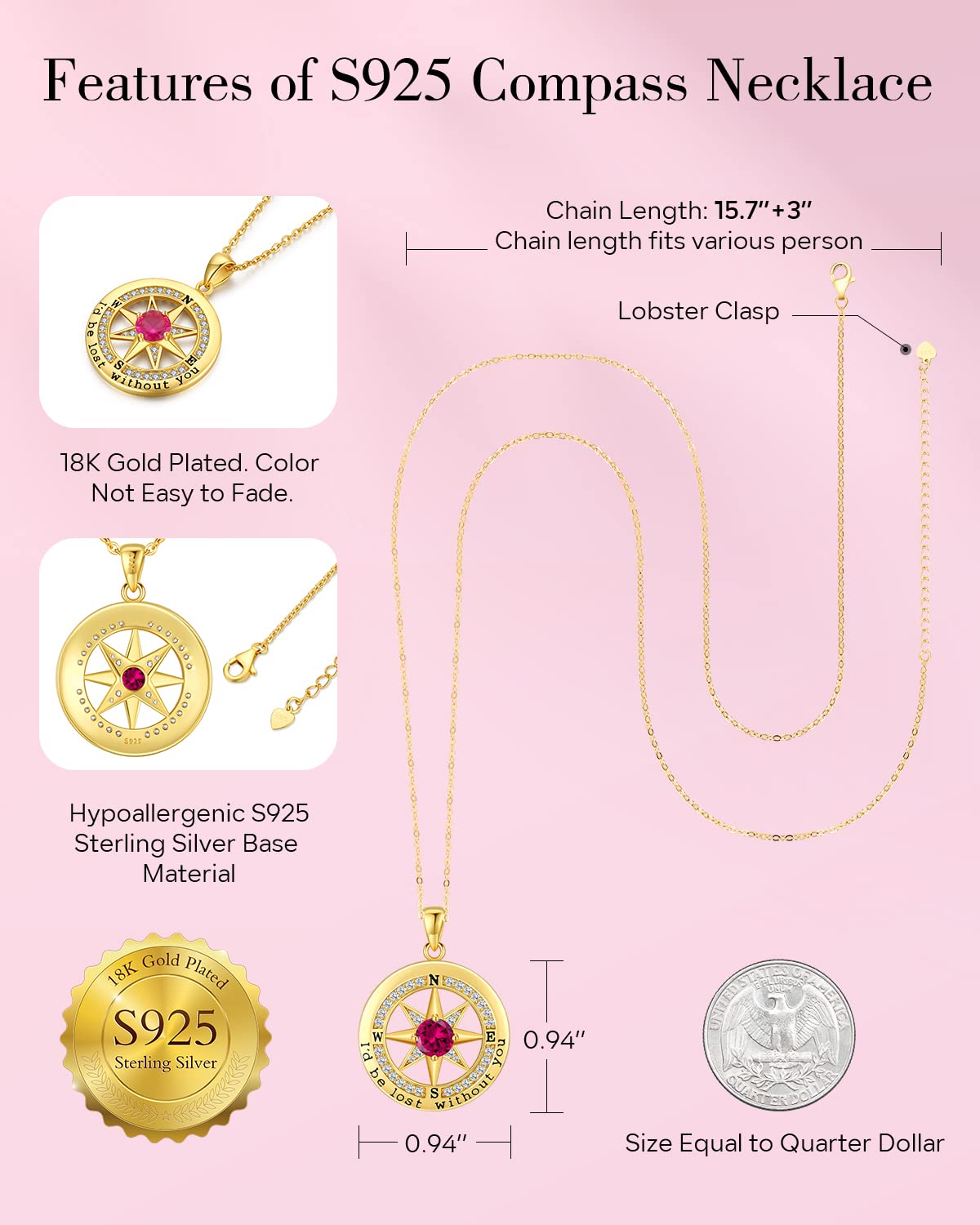 S925 Necklace Gift for Wife |Compass Jewelry |Women Anniversary |Sterling Silver |Girlfriend Birthday Necklaces for Her Valentines |I'd be Lost without You |Jewel 18K Gold July 07