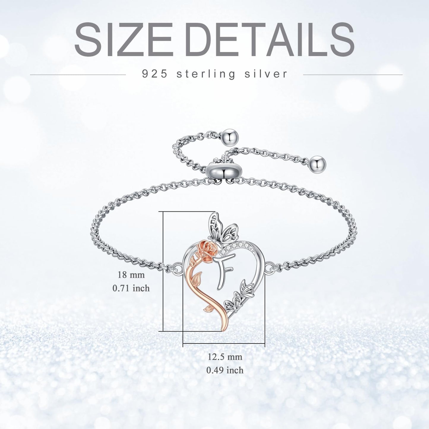 TOUPOP Rose Heart Bracelet for Women Sterling Silver Heart Initial F Letter Bracelet Butterfly Love Jewelry Anniversary Birthday Mothers Day Gifts for Mom Wife Her Girlfriend