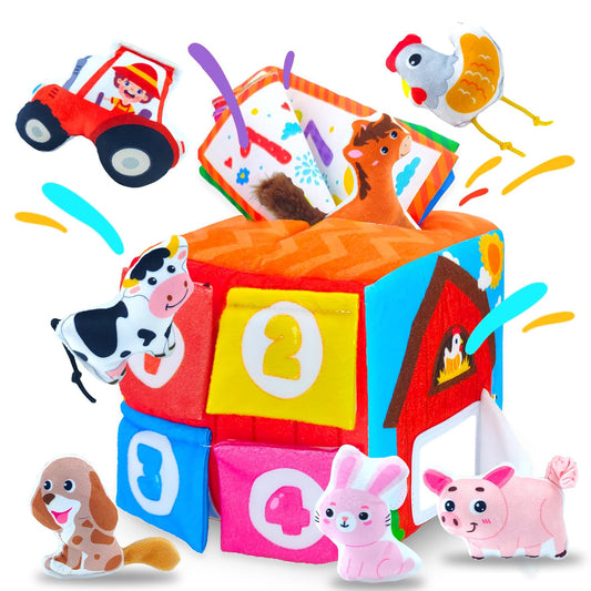 Baby Tissue Box Toys for 6-12 Months, 13PCS Surprise Barn Toy with Stuffed Farm Animals, Rattle, Soft Paper, Mirror, Montessori Educational Sensory Toys for Babies,Sensory Toys for Toddlers