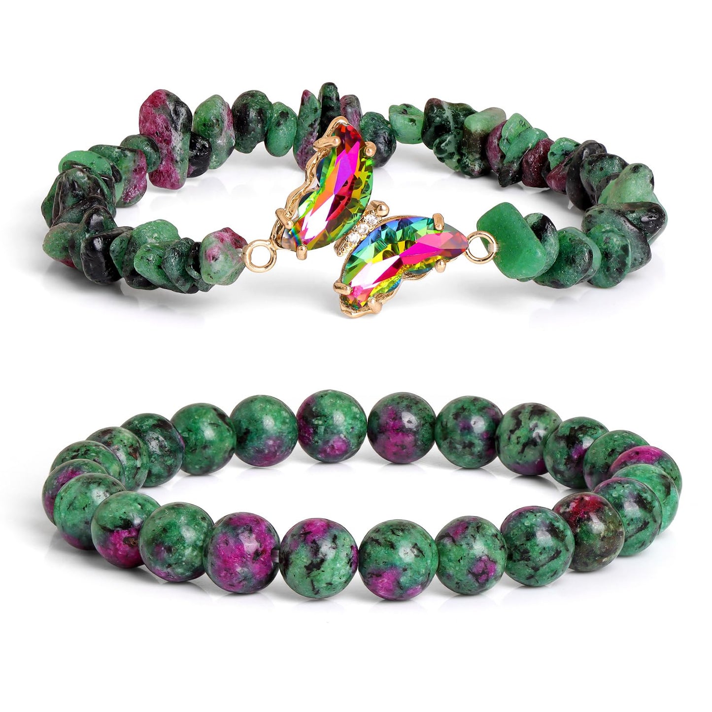 GolbalJew Epidote Stone Bracelet for Women Healing Crystal Stone Bracelets Green Gemstone Beads Stretch Bracelet Butterfly Charms Jewelry Women Gift