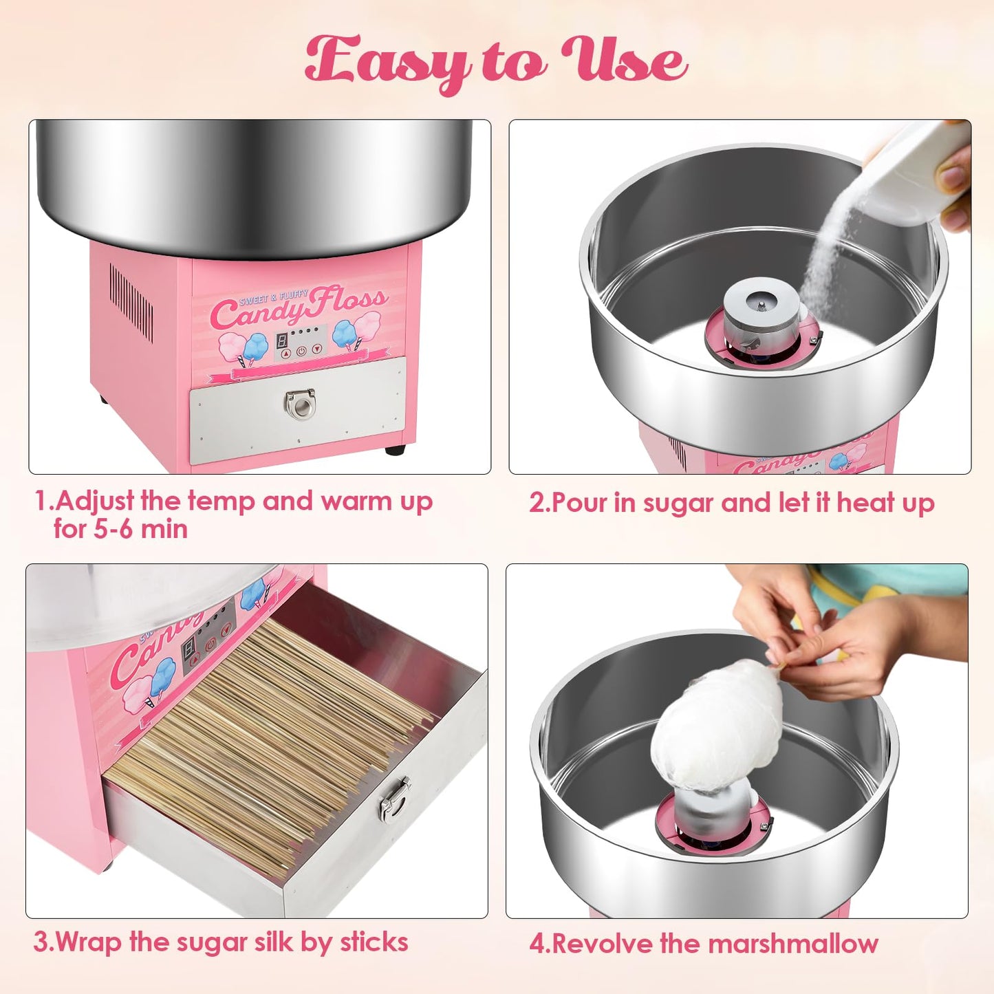 Garvee Cotton Candy Machine Commercial, Electric Cotton Candy Maker for Kids with 20 in Stainless Steel Bowl for Family, Party, Amusement Park, Carnival- Pink