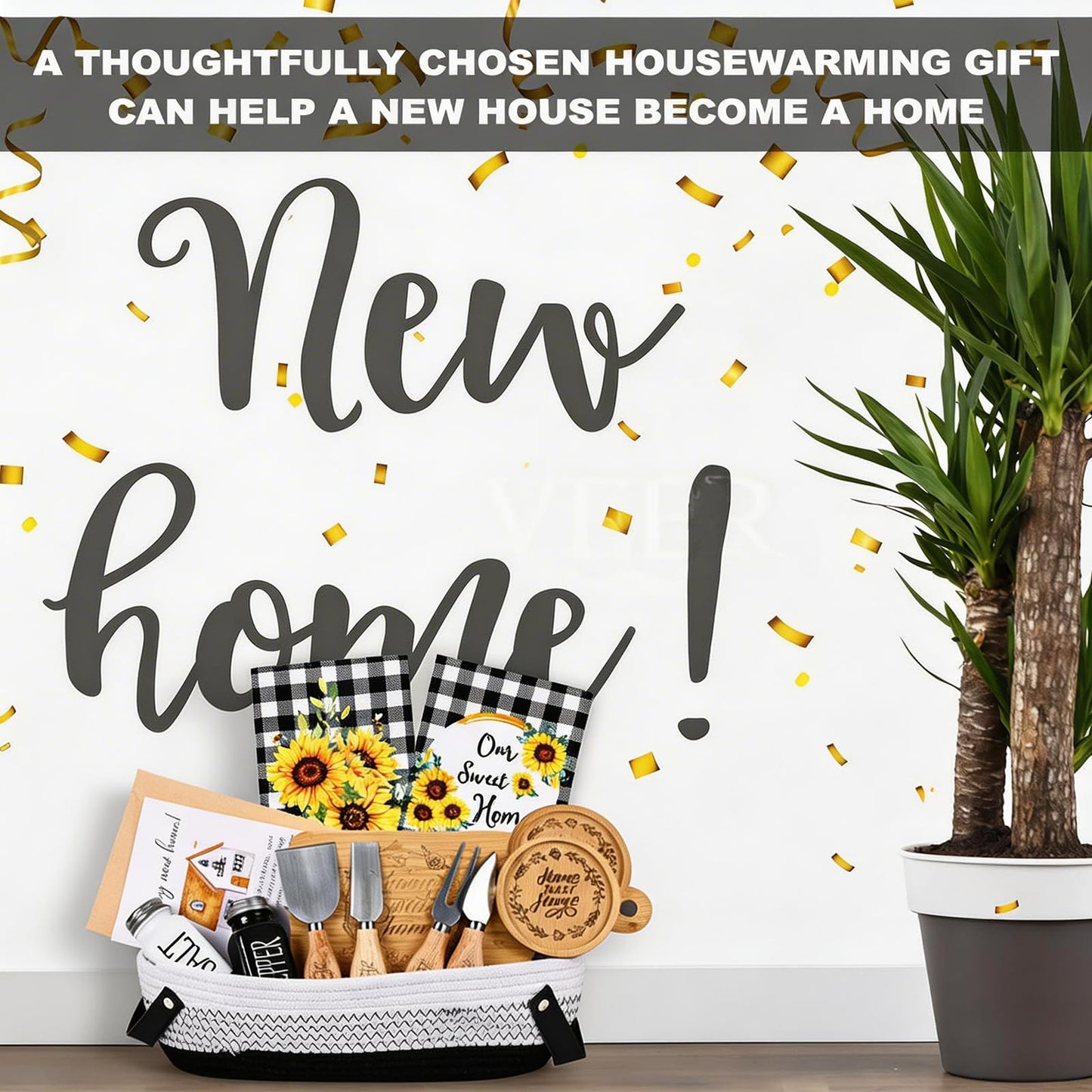 14 Pcs House Warming Gift New Home Gift Basket with Bamboo Serving Board, Dish Towels, Cheese Knife Set, Key Holder for Couples Women Men Clients, Closing Gift for Home Buyers, New Homeowner