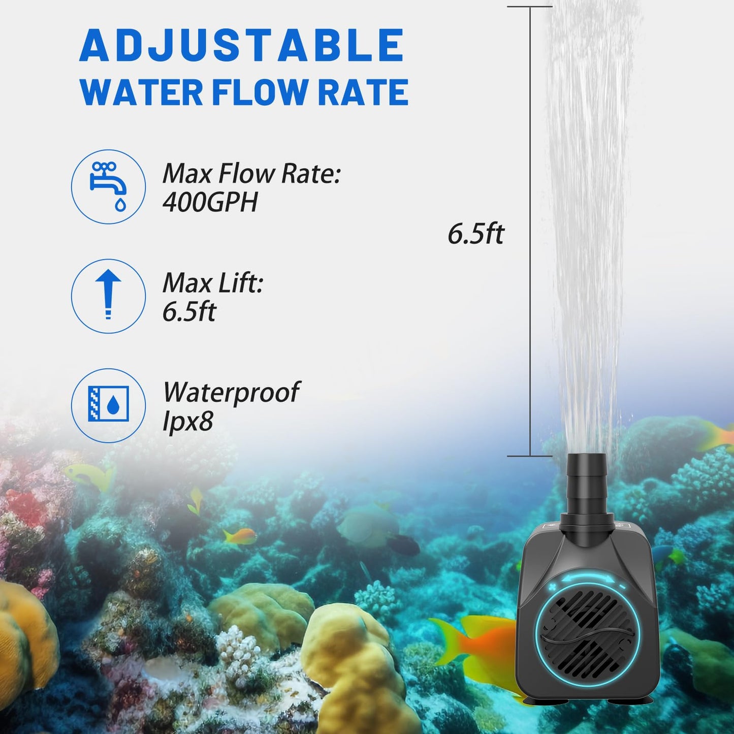 Knifel Submersible Pump 400GPH with AUTO-Shut-Off 6.5ft High Lift for Fountains, Hydroponics, Ponds, Aquariums & More