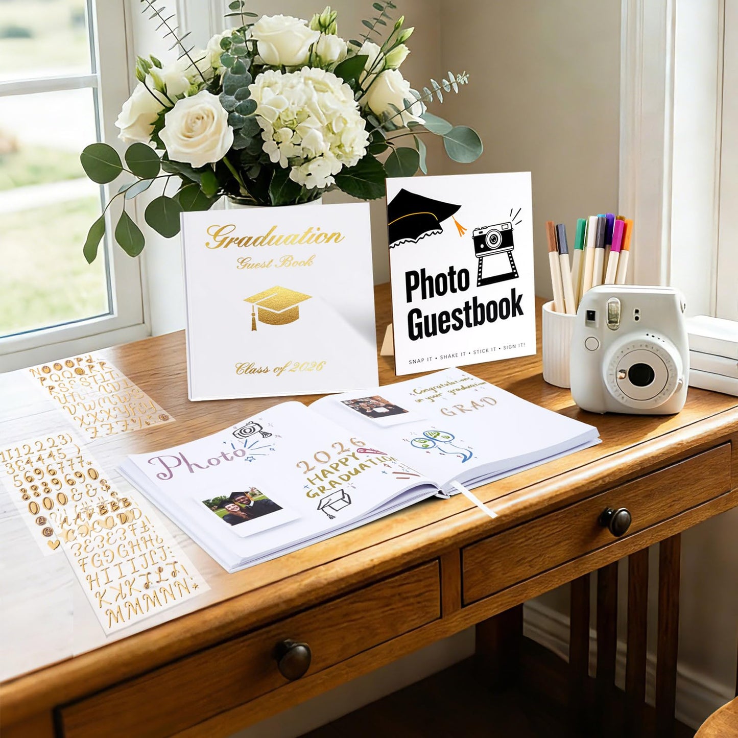 LawnIdyll 2026 Graduation Guest Book with Photo Sign Metallic Pens Stickers 144 Pages Class of 2026 Scrapbook Album Gift Memory Book for High School College Graduation Party Supplies (White)