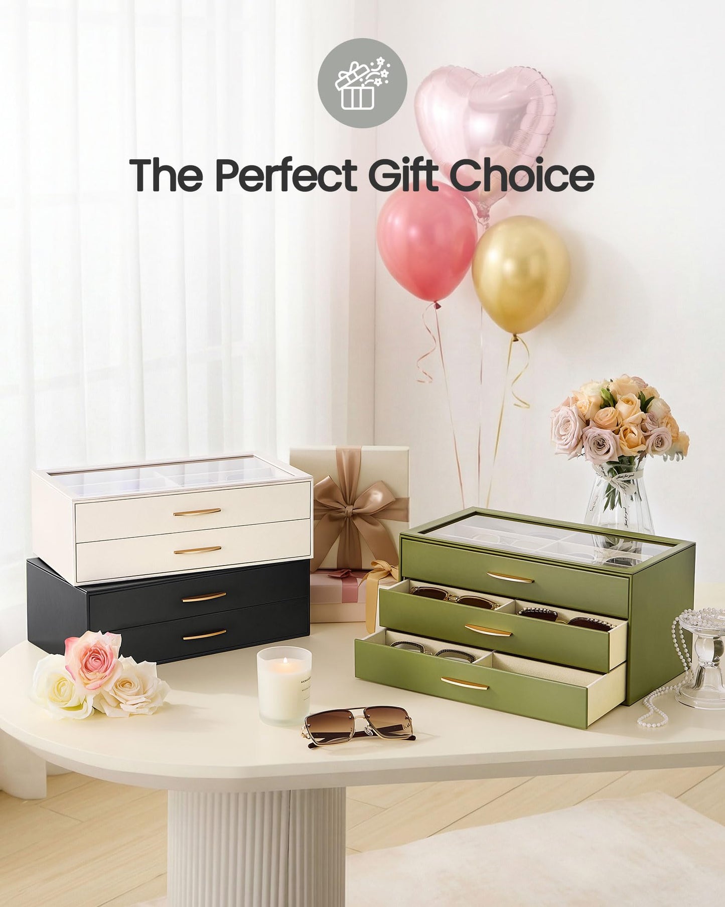 Lolalet 12 Slots Women’s Sunglasses Organizer with Enlarged Compartment, 2-Layer Eyewear Storage Box, Glasses Case Display Holder with Clear Lid for Eyeglass Collection, Mothers Day Gifts -SageGreen