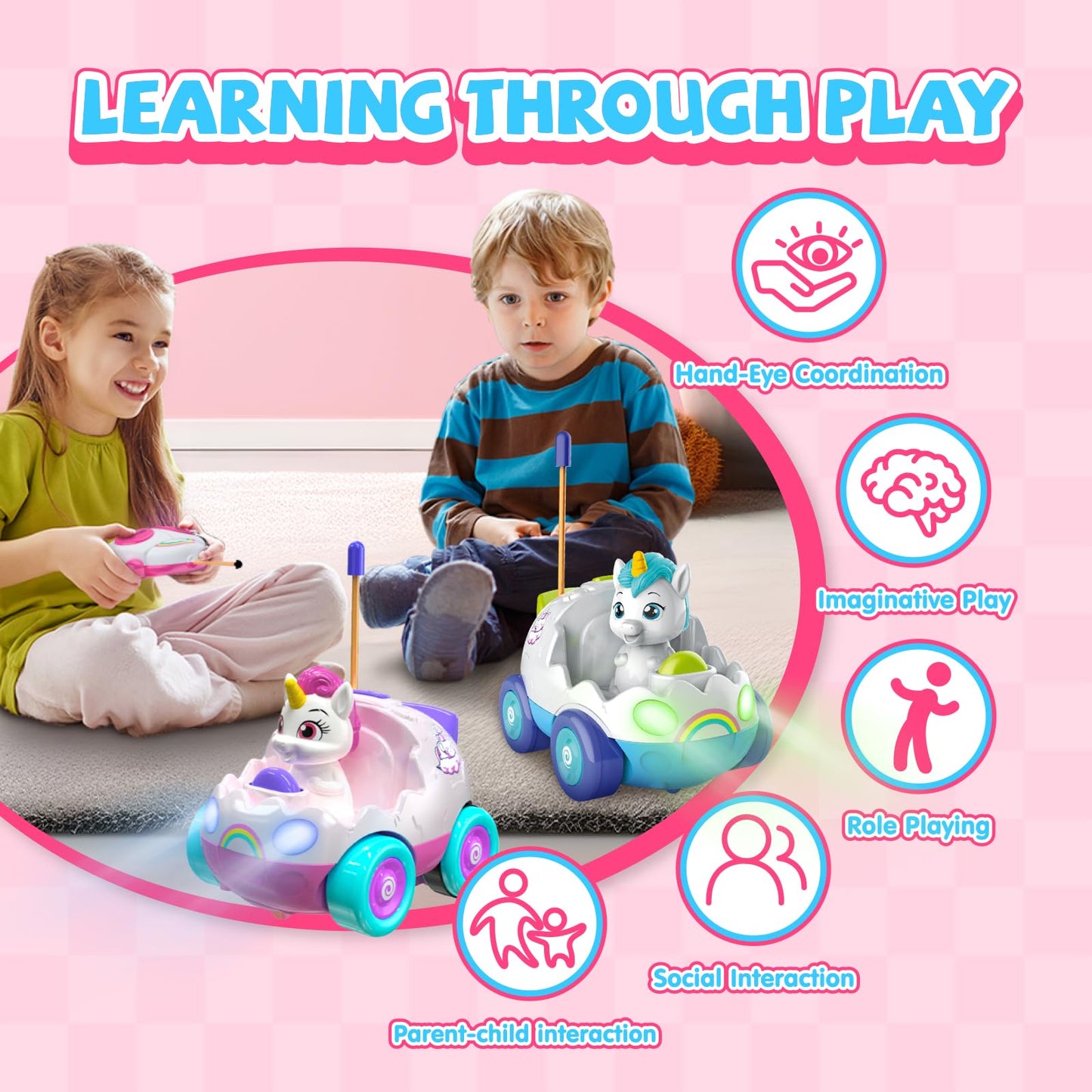 AEROQUEST Unicorn Toys for Girls Remote Control Car for Toddlers 1-3 2 Pack RC Cars with LED Lights & Music Toys for Ages 2-4 Birthday Gifts for 4-6 6-8 Year Old (Unicorn)