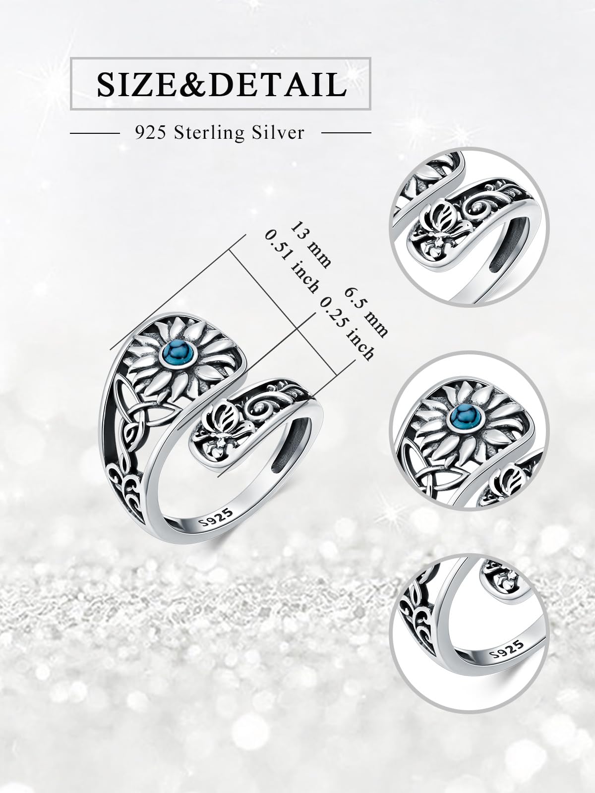 Midari Sterling Silver Sunflower Turquoise Adjustable Ring - You Are My Sunshine - Women's Sunflower Jewelry - Perfect for Christmas or Birthday Gifts