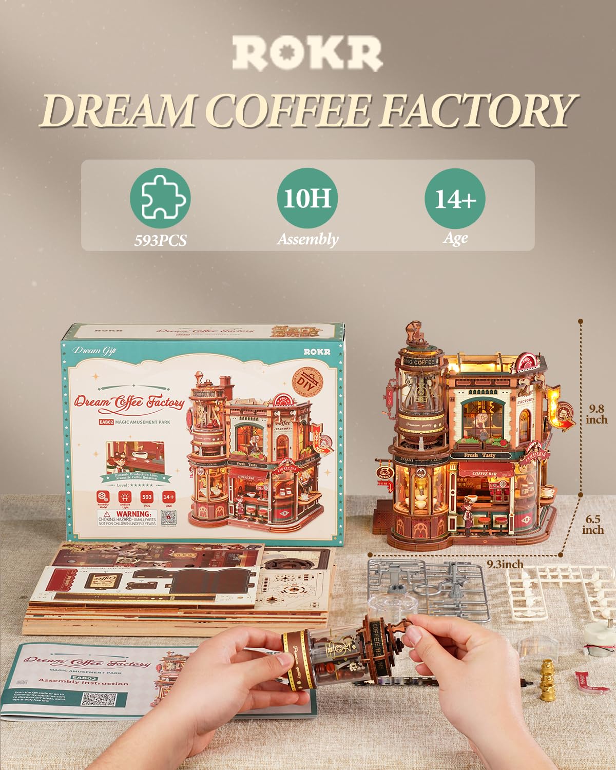 ROKR Moving Dream Coffee Factory DIY Miniature House Kit - 3D Wooden Puzzles for Adults with Music Box & LED Lights, No Glue Kinetic Model Building Kit, Unique Home Decor Gifts for Adults Women Men