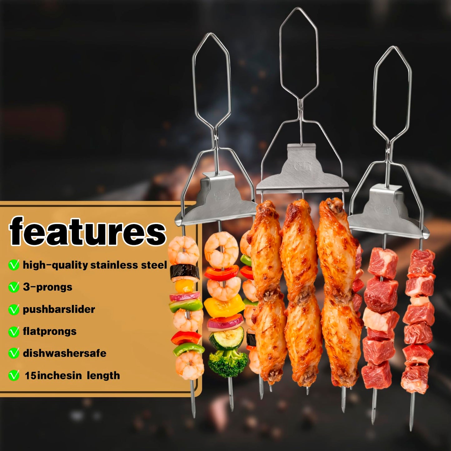 YQGQSUAK 7 Pack 15 Inch 3 Prong Kabob Skewers, Stainless Steel Grill Skewers with Push Slider Bar, Reusable Metal BBQ Sticks for Meat, Chicken, Veggies and Outdoor Cooking