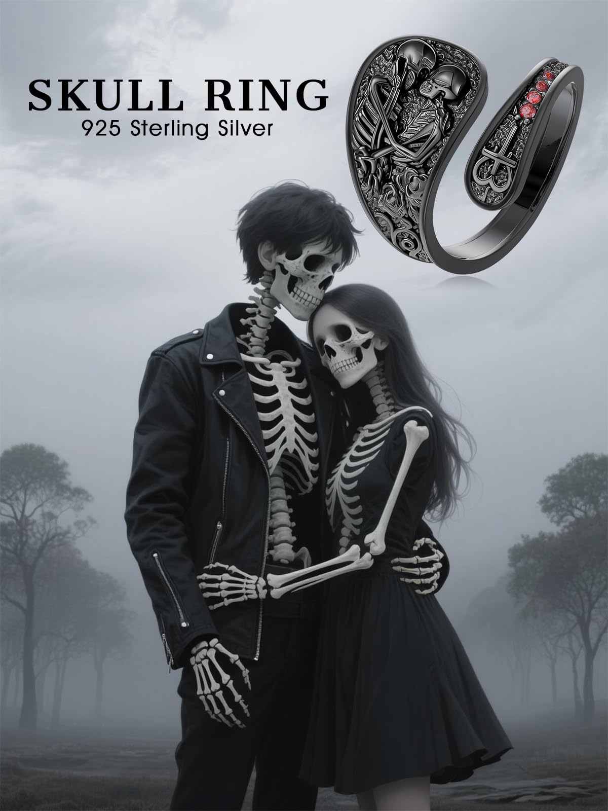 Midari Skull Couple Spoon Rings for Women 925 Sterling Silver Black Adjustable Punk Skull Rings Open Antique Skeleton Spoon Rings Jewelry for Women Hallowee Birthday Christmas Gifts