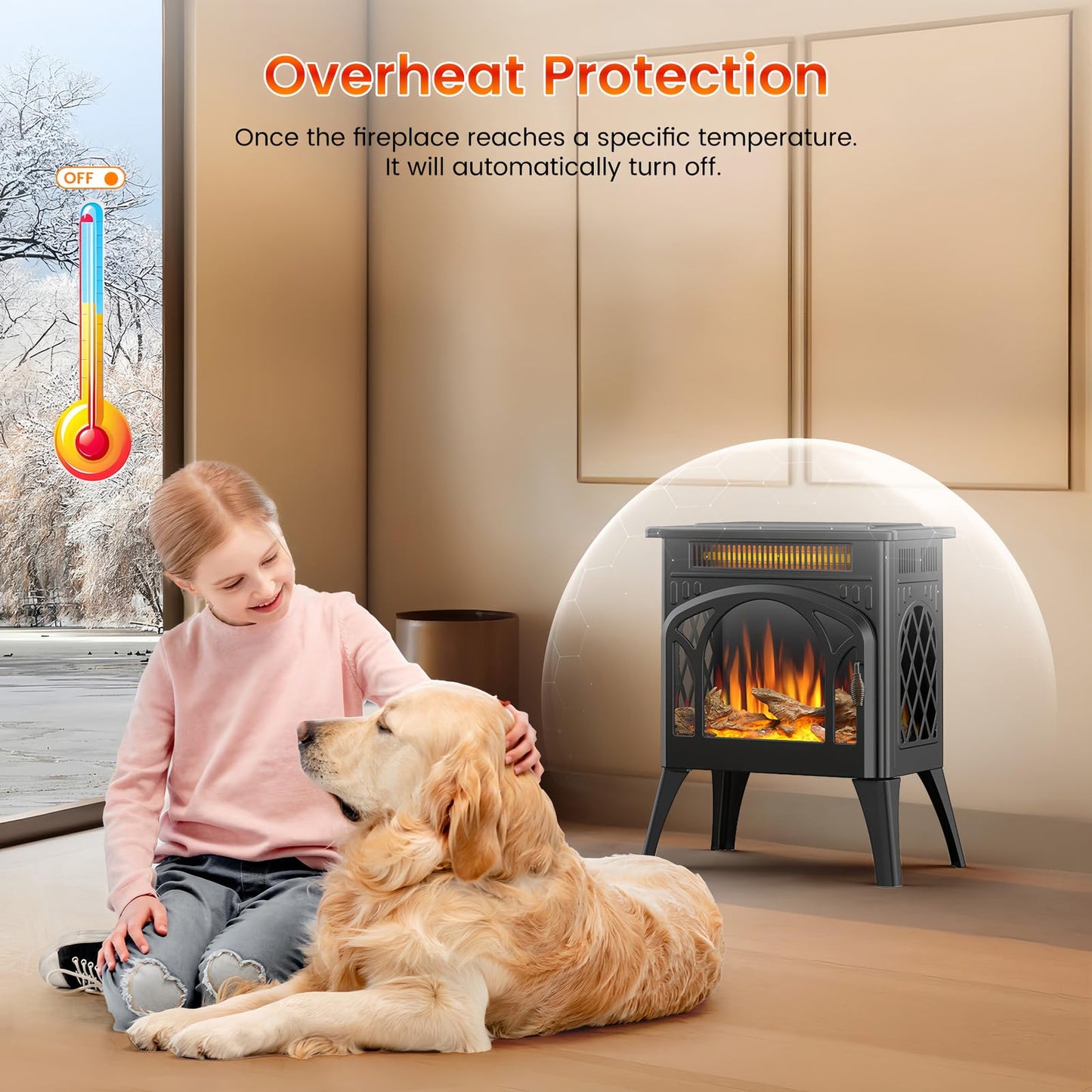 Electric Fireplace Stove, Fast Heating, 1500W X Infrared Fireplace Heater with 8H Timer, Remote Control, Freestanding Stove with Adjustable 3D Flame Overheat Protection, Indoor Fireplace