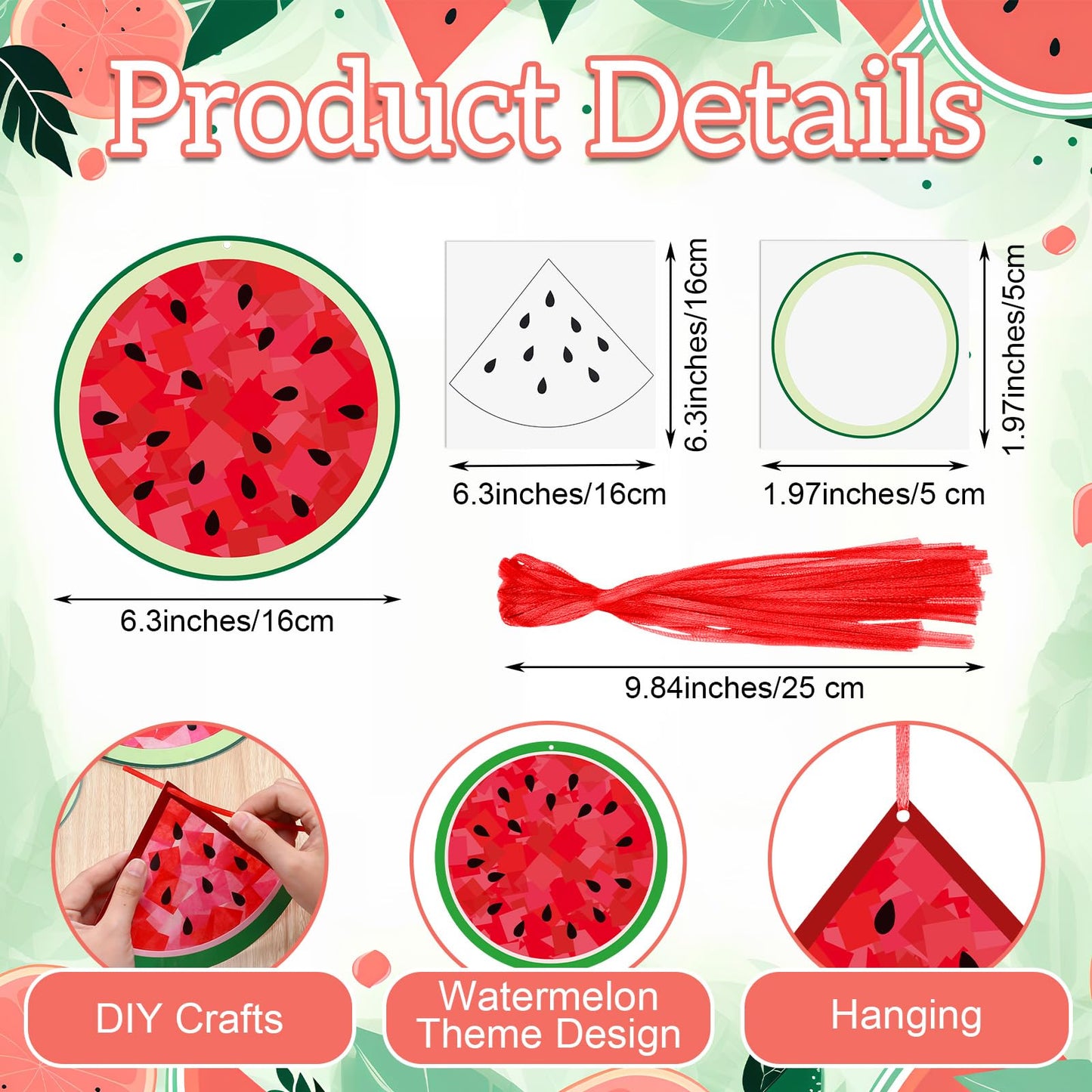 Motipuns 24 Set Summer Crafts Tissue Paper Craft Kits DIY Luau Hanging Ornament Cutouts Supplies Make Your Own Hawaiian Tropical Decorations for Summer Classroom Home Party Decor(Watermelon)