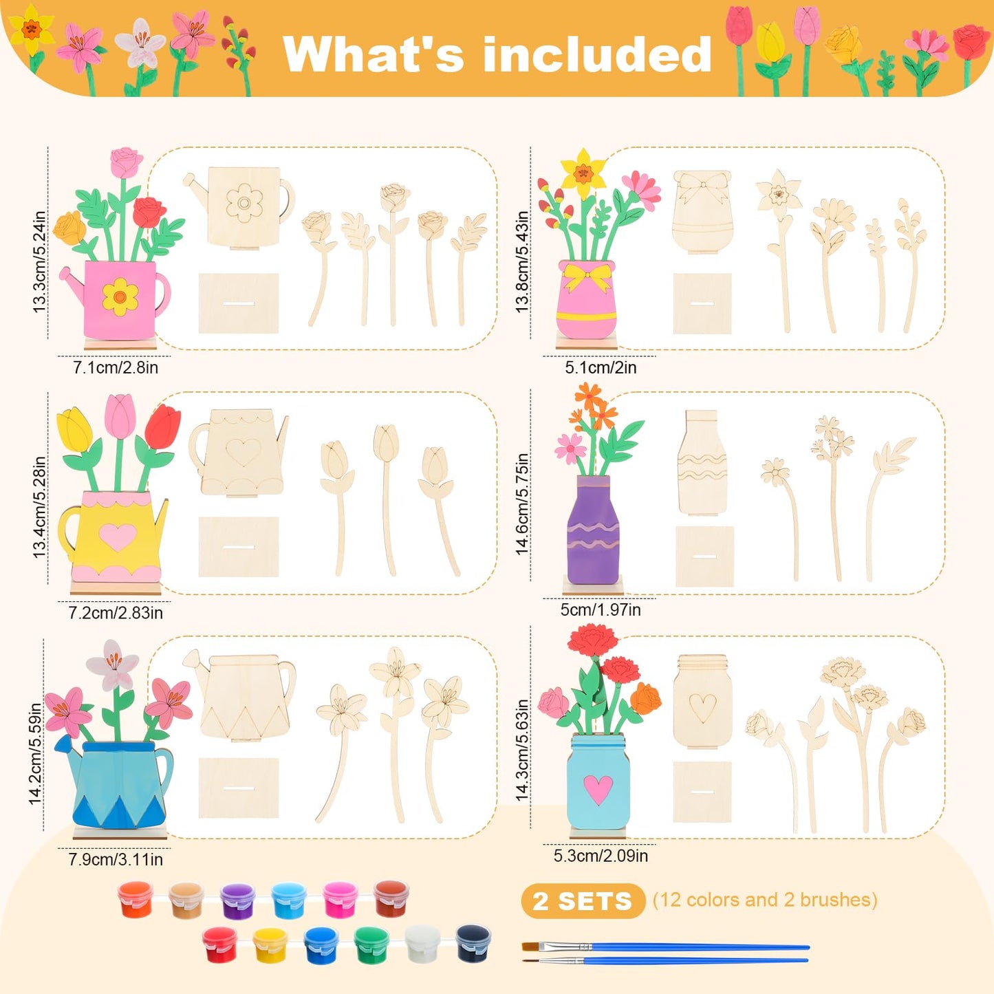 DoubleFill 34 Pcs Wooden Flowers DIY Craft Kit Self Standing Wood Spring Crafts Unfinished Wood Flower Slices Spring Flower Ornament to Paint Cute Tabletop Decor for Party Gift Activities Art Project