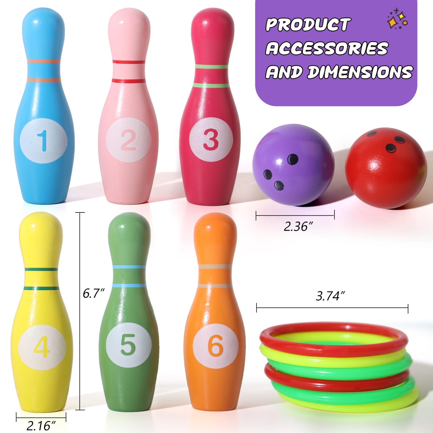 Dinhon Wooden Kids Bowling Set for Toddlers Infants Ages 2-5 - 6 Pins & 2 Balls & 6 Ferrules, Educational Early Development Indoor Outdoor Games for Boys Girls